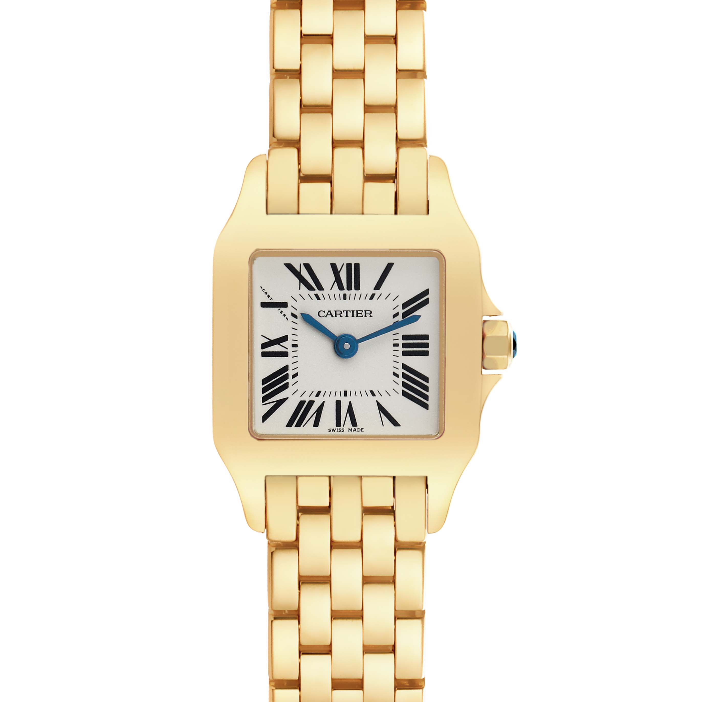 The image shows a front view of the Cartier Santos Demoiselle W25063X9 Women's Yellow Gold Silver Dial watch, highlighting the gold square face, Roman numerals, and link bracelet.