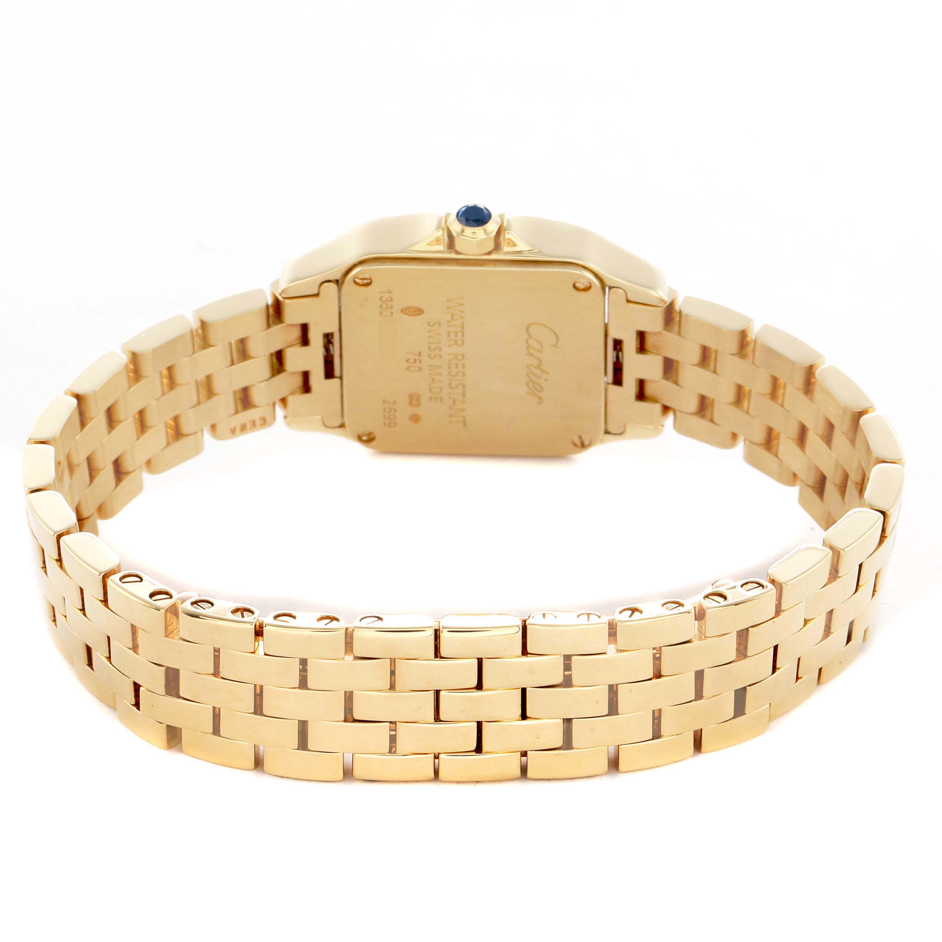 The Cartier Santos Demoiselle W25063X9 Women's Yellow Gold Silver Dial watch is shown from the back, highlighting the gold bracelet and case back.