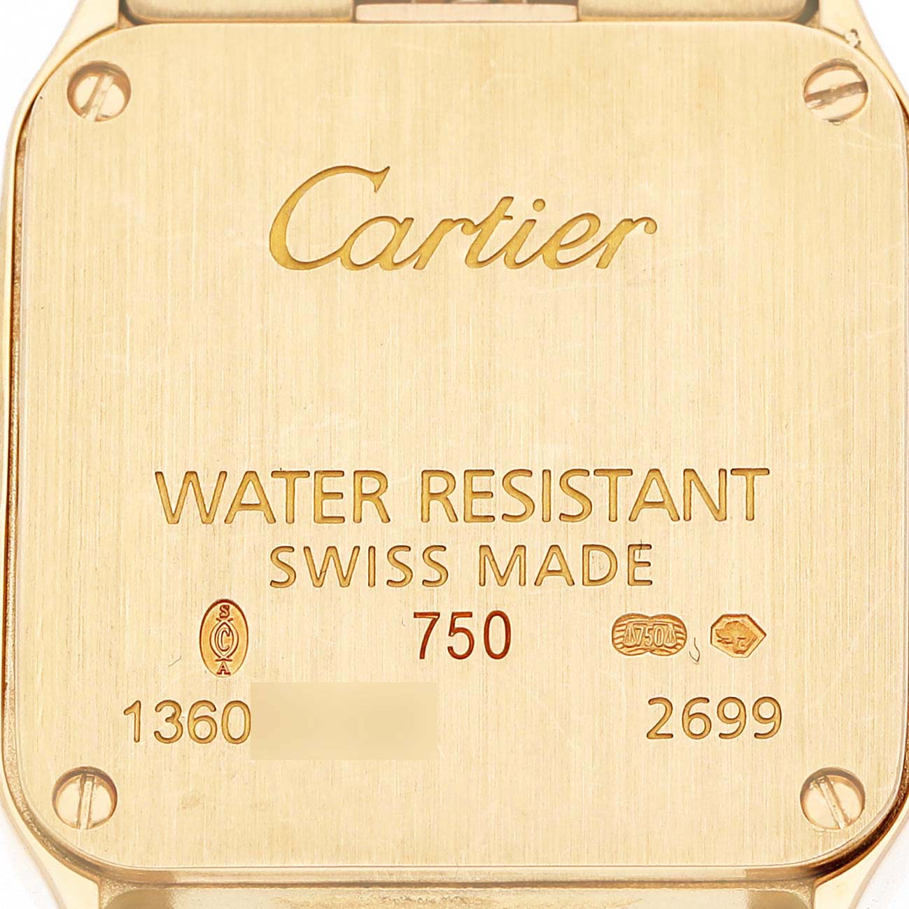 The image shows the back case of a Cartier Santos Demoiselle W25063X9 Women's Yellow Gold Silver Dial watch, highlighting its engravings and screws.