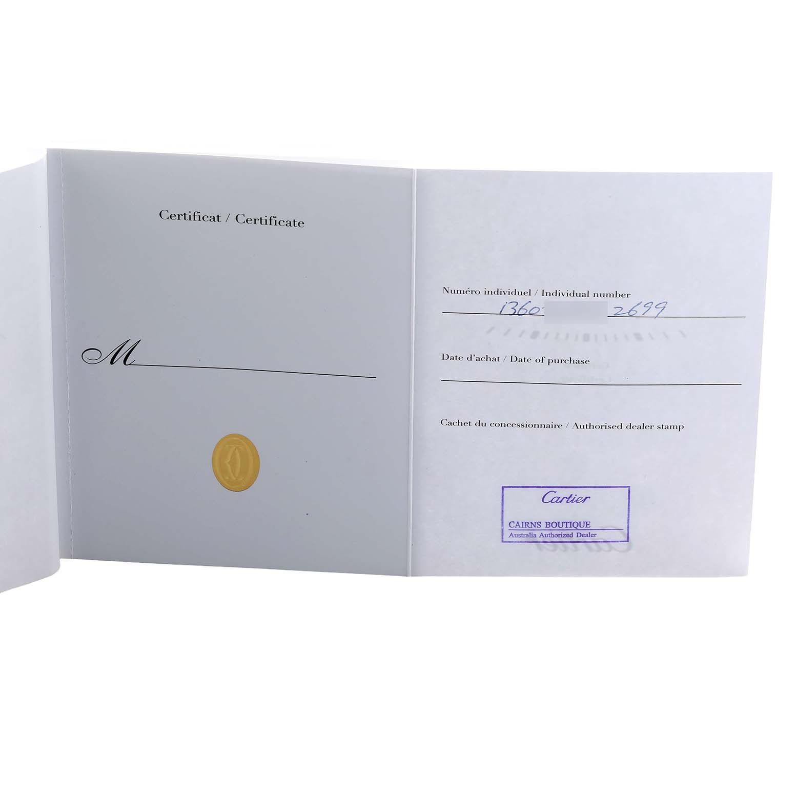 This image shows a certificate for the Cartier Santos Demoiselle W25063X9 Women's Yellow Gold Silver Dial watch, displaying individual and dealer details.