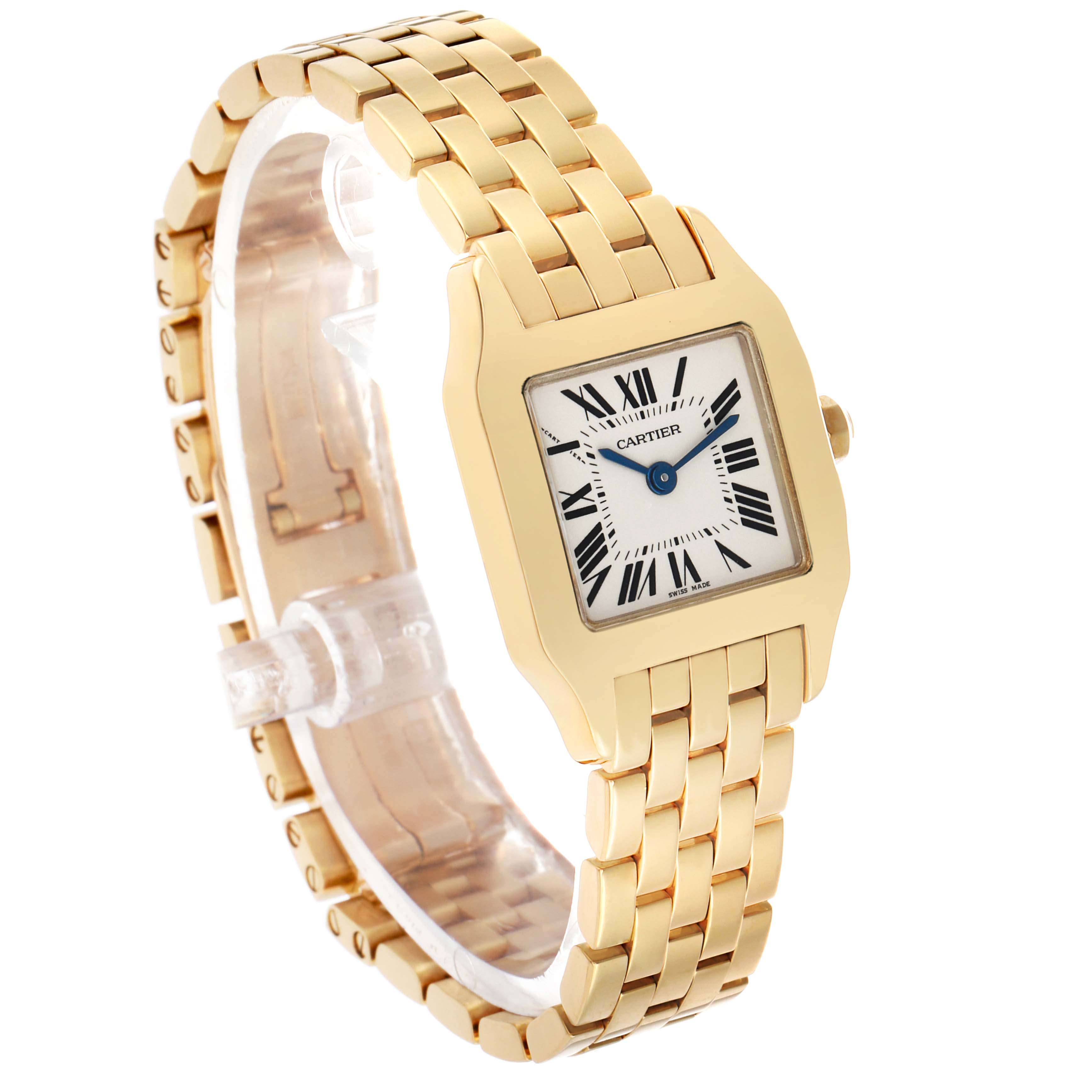 The Cartier Santos Demoiselle W25063X9 Women's Yellow Gold Silver Dial watch is shown at an angled side view, highlighting its gold case, bracelet, and dial with Roman numerals.