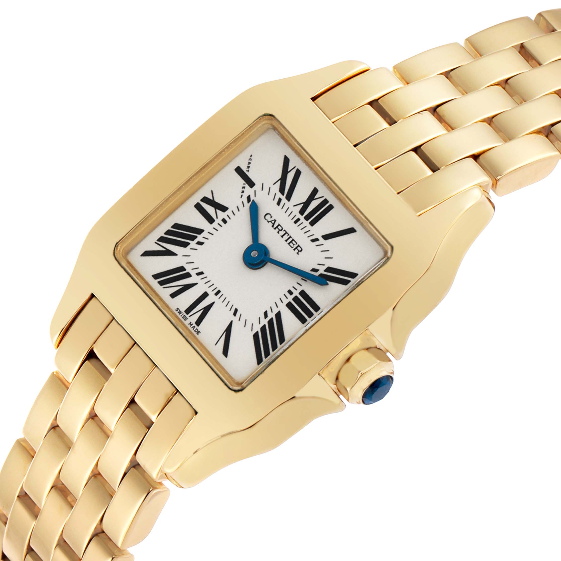 The Cartier Santos Demoiselle W25063X9 Women's Yellow Gold Silver Dial watch is shown at an angled view, highlighting its square face, Roman numerals, blue hands, and gold bracelet.