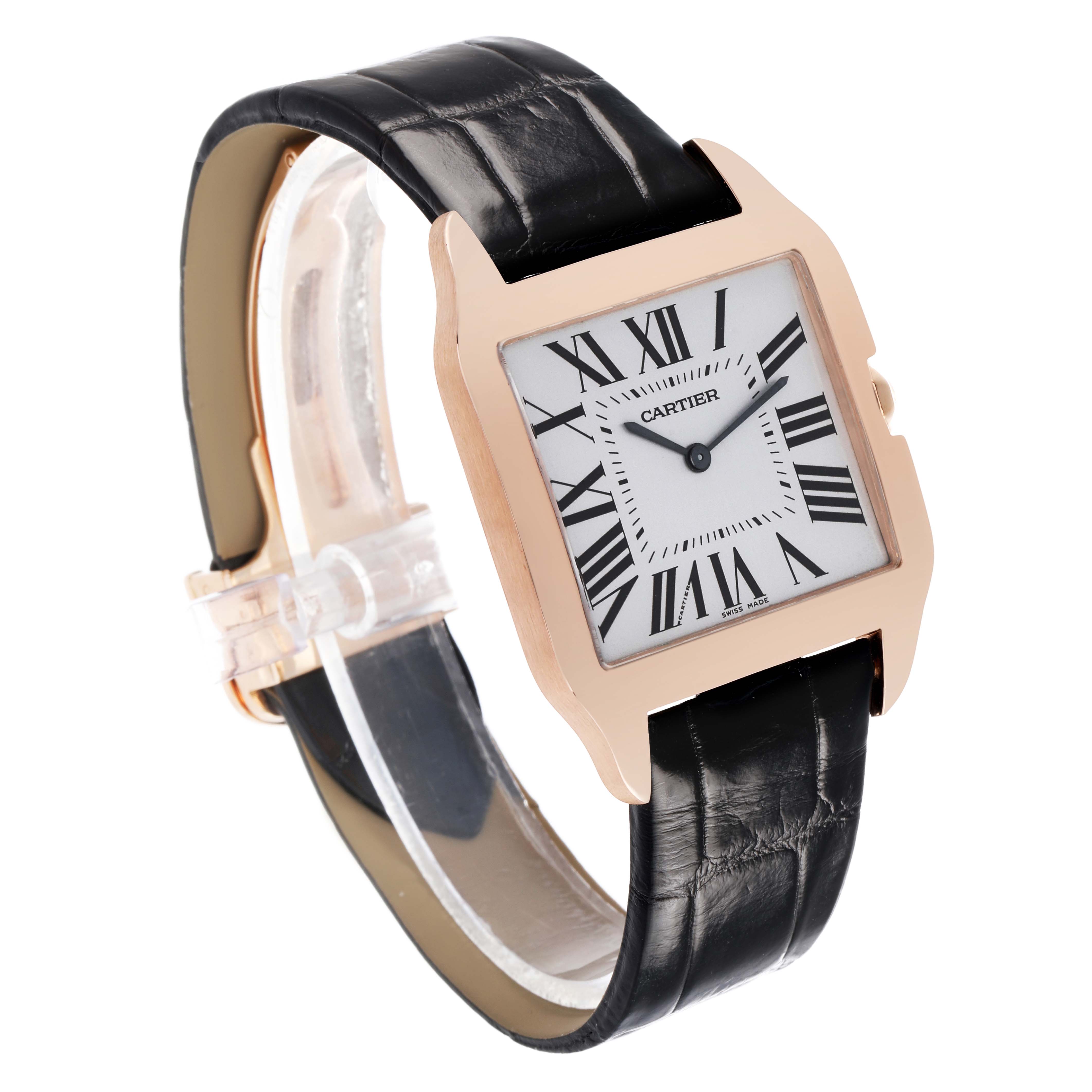 The Cartier Santos Dumont W2006951 Men's Rose Gold Silver Dial watch is shown at a three-quarter angle, highlighting the face, bezel, and strap.