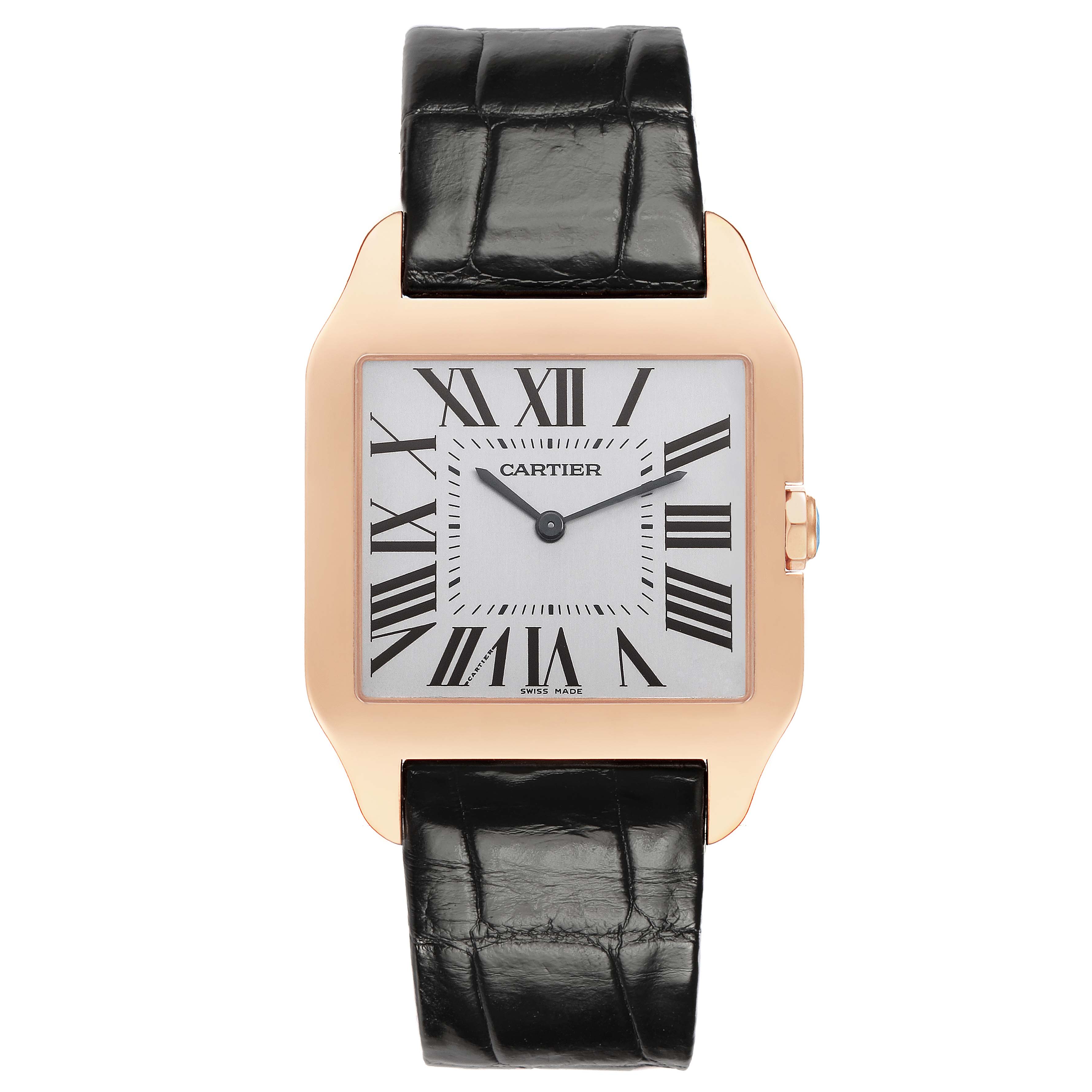The Cartier Santos Dumont W2006951 Men's Rose Gold Silver Dial watch is shown from the front, displaying its face, Roman numerals, and black leather strap.