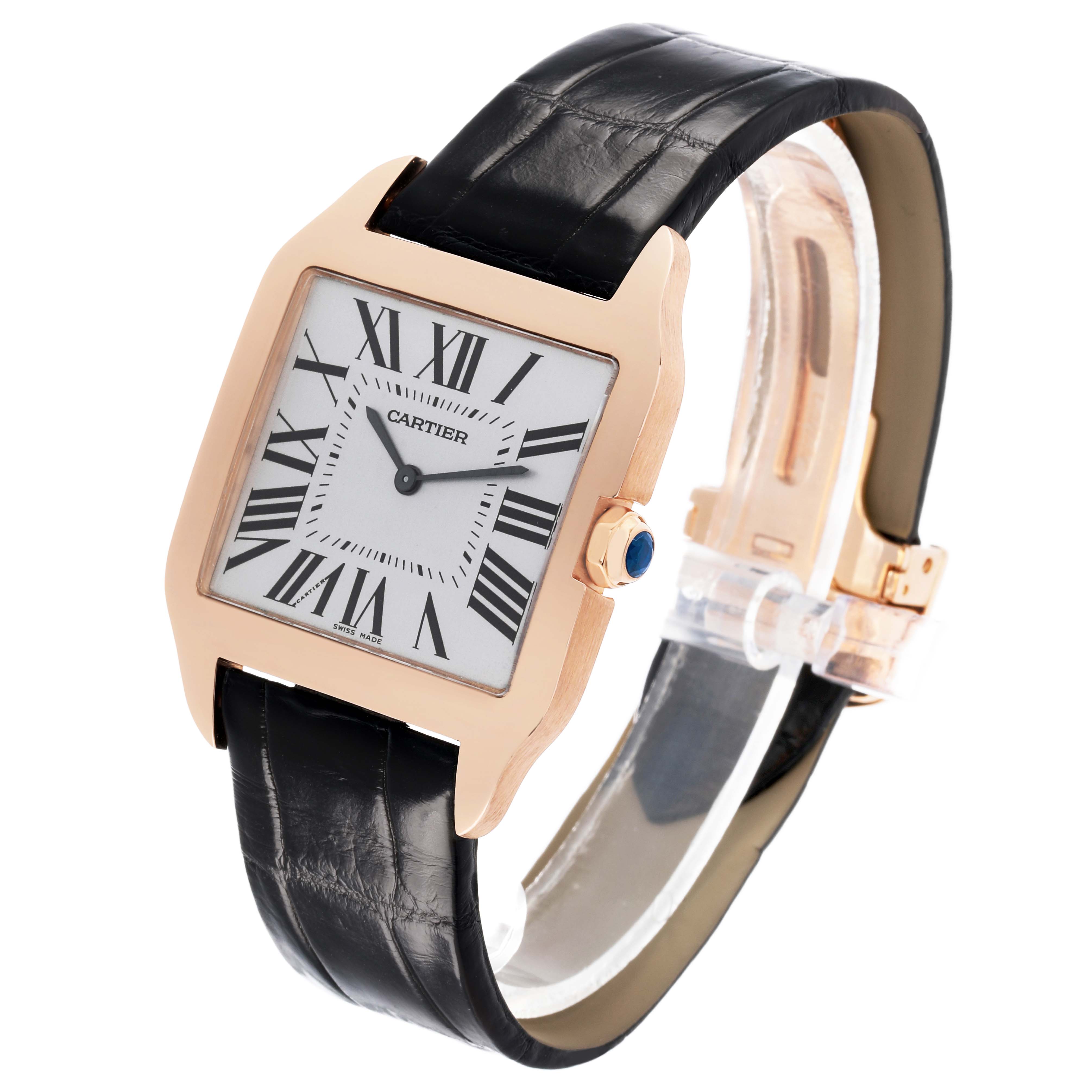 The Cartier Santos Dumont W2006951 Men's Rose Gold Silver Dial watch is shown from a three-quarter angle, highlighting its face, crown, and strap.
