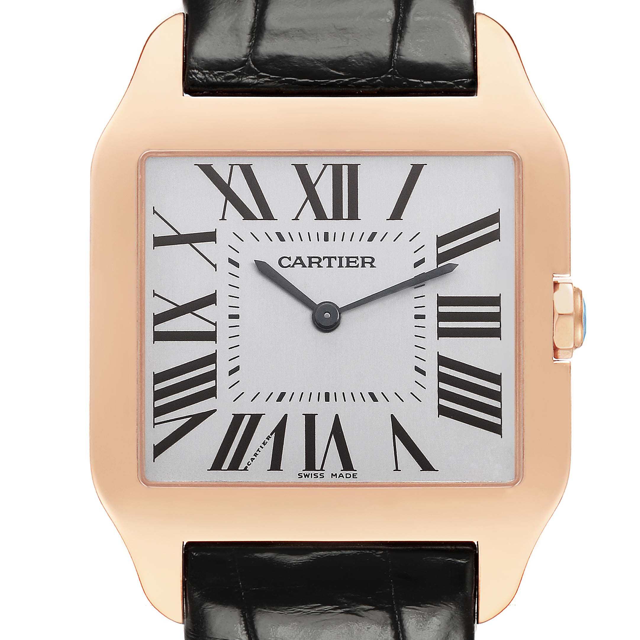 The Cartier Santos Dumont W2006951 Men's Rose Gold Silver Dial watch is shown from the front, displaying the face, Roman numerals, hands, and part of the strap.