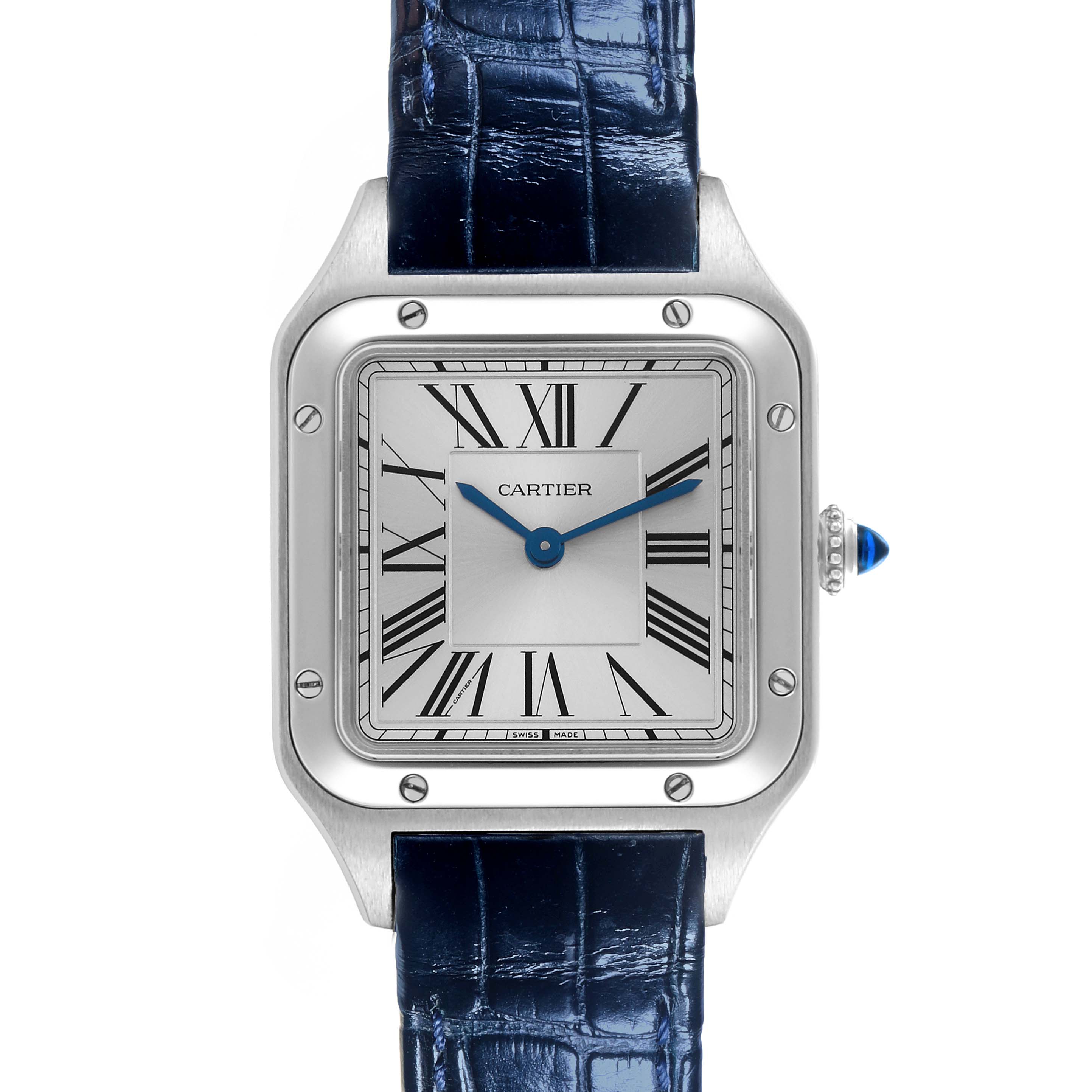 The Cartier Santos WSSA0023 Women's Stainless Steel Silver Dial WSSA0023 Women's Stainless Steel Silver Dial watch is shown from the front, displaying the face, bezel, and blue leather strap.
