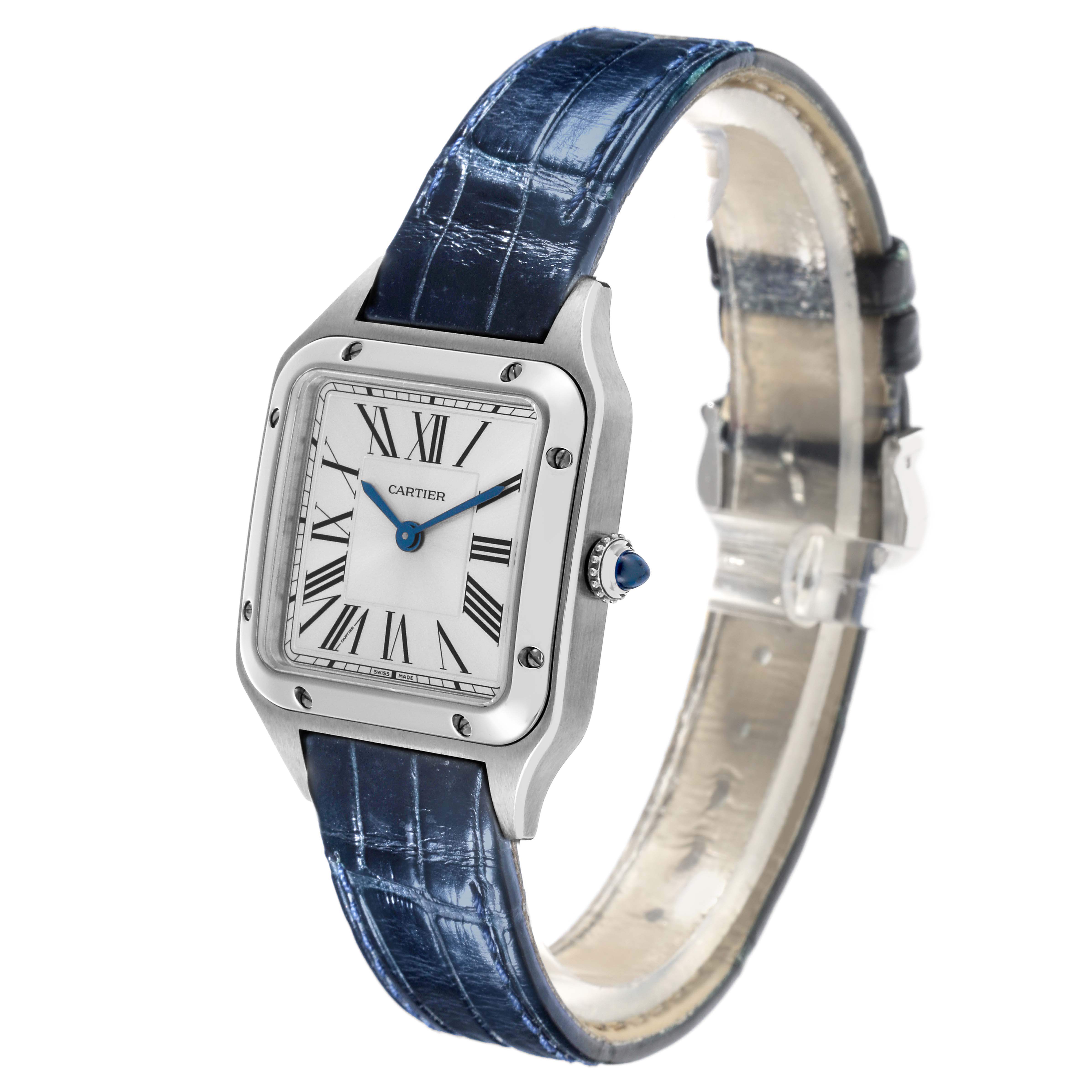 The Cartier Santos WSSA0023 Women's Stainless Steel Silver Dial WSSA0023 Women's Stainless Steel Silver Dial watch is shown at an angle highlighting the face, bezel, crown, and blue leather strap.