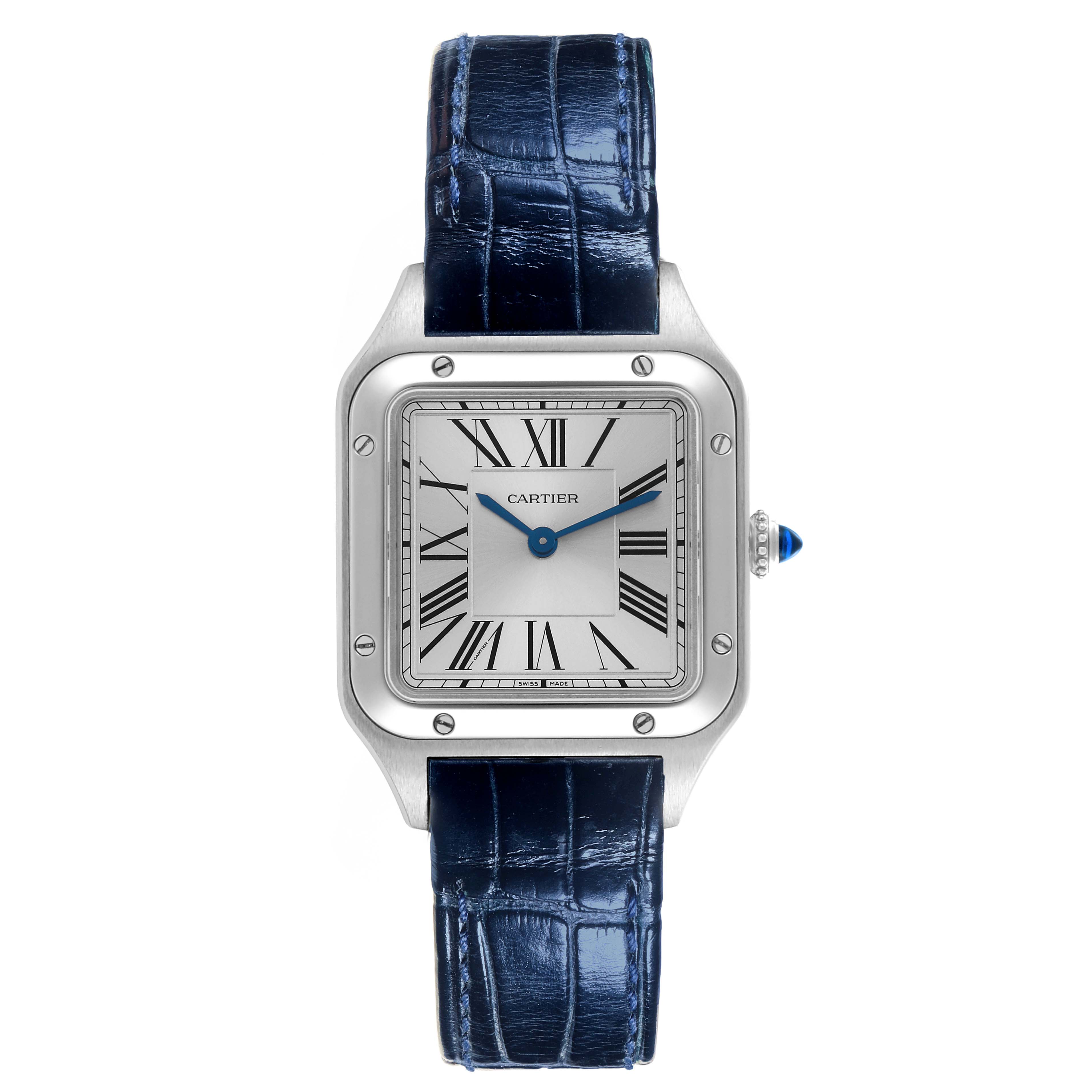 The image shows a Cartier Santos WSSA0023 Women's Stainless Steel Silver Dial WSSA0023 Women's Stainless Steel Silver Dial watch from the front, displaying the face, bezel, case, and blue leather strap.