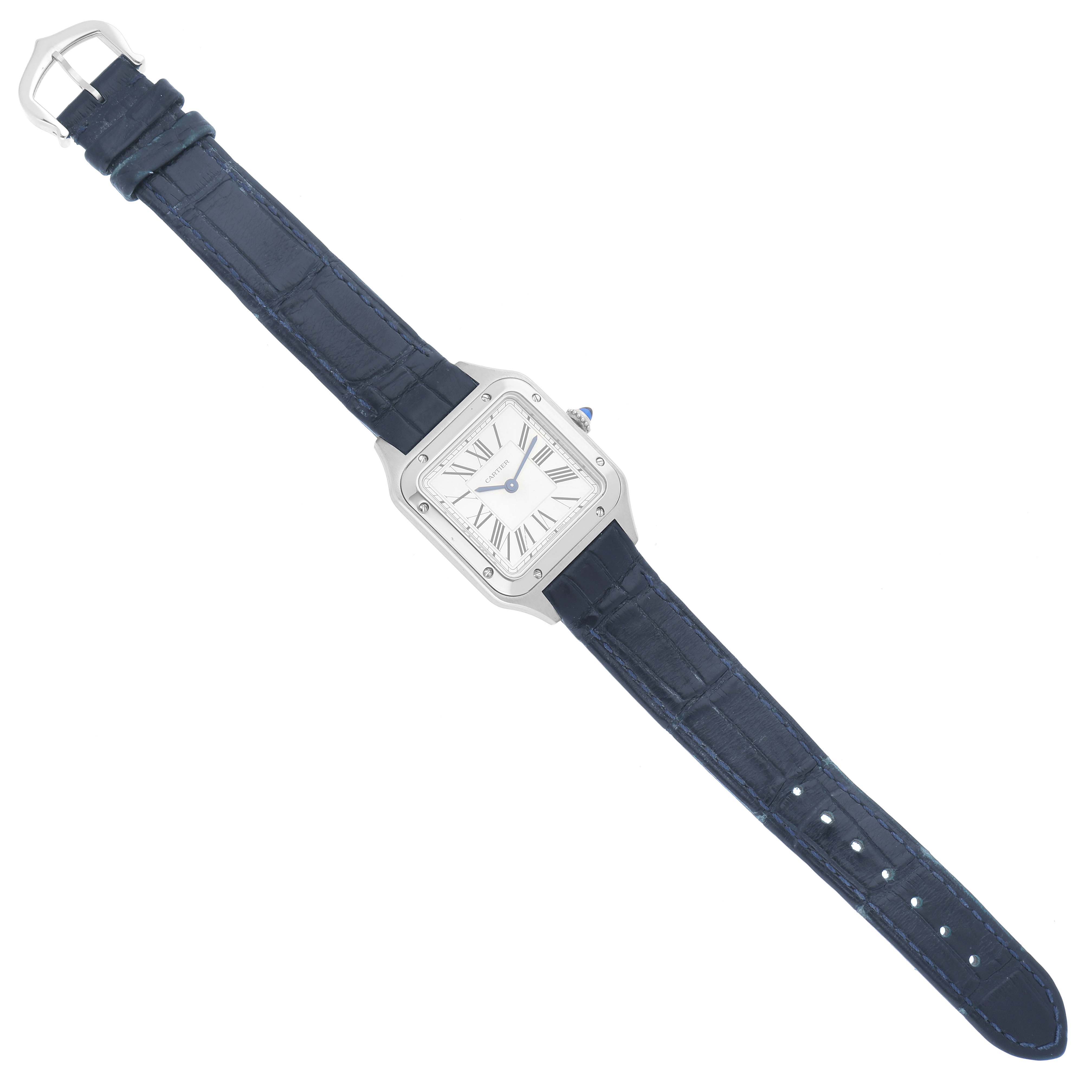 The Cartier Santos WSSA0023 Women's Stainless Steel Silver Dial WSSA0023 Women's Stainless Steel Silver Dial watch is shown from a top-down angle, highlighting its face, case, and blue leather strap.