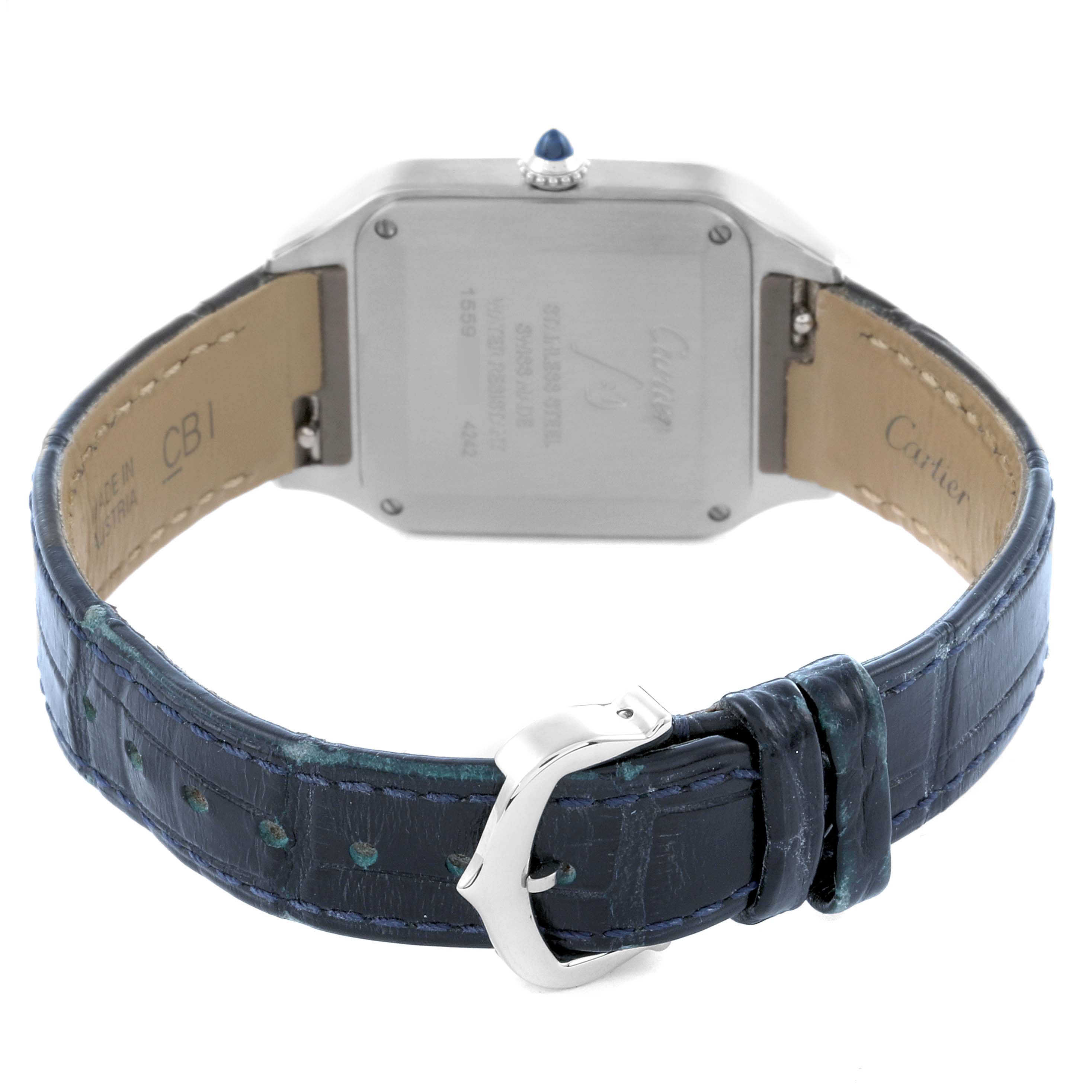 The image shows the back of a Cartier Santos WSSA0023 Women's Stainless Steel Silver Dial WSSA0023 Women's Stainless Steel Silver Dial watch, highlighting the case back, leather strap, and buckle.