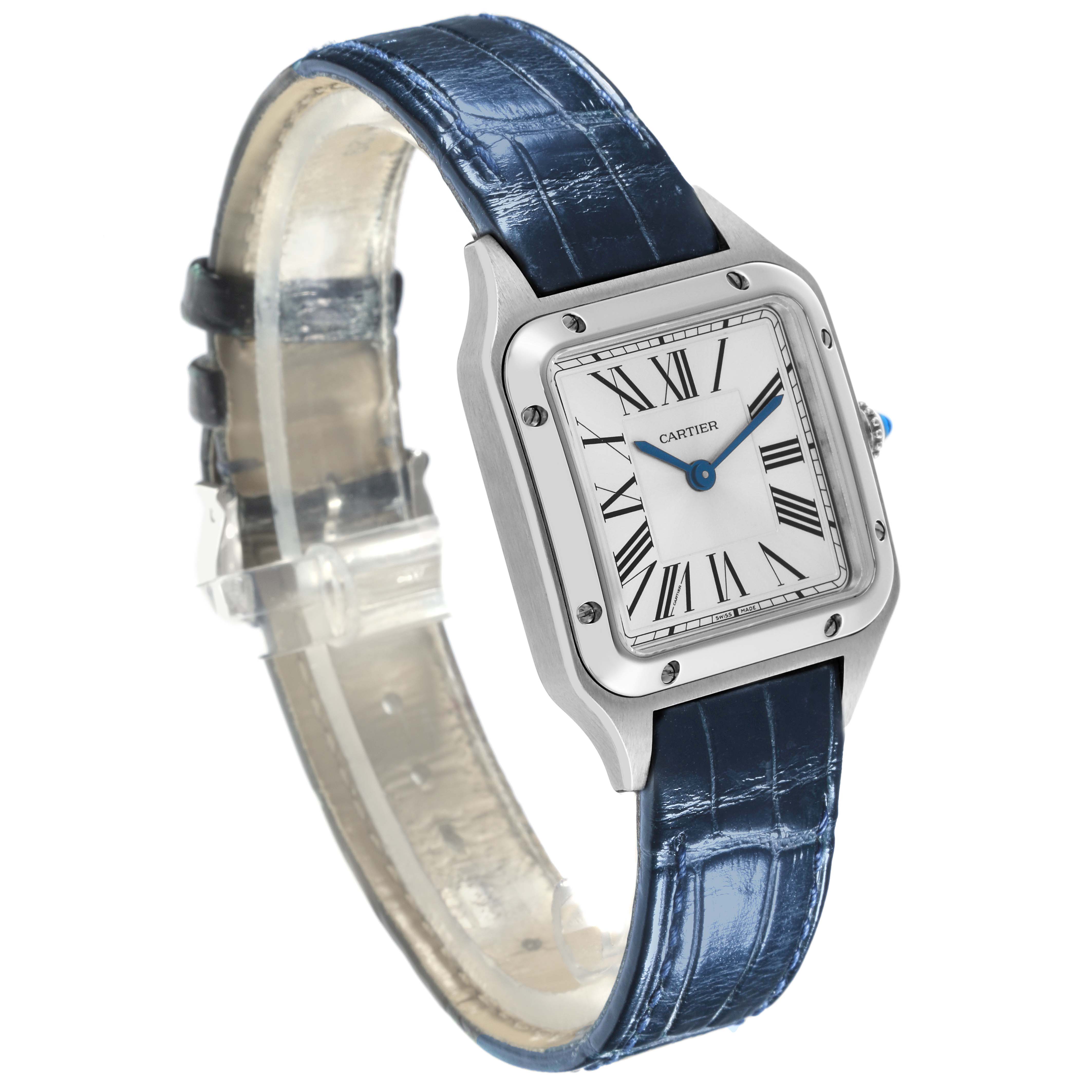 The Cartier Santos WSSA0023 Women's Stainless Steel Silver Dial WSSA0023 Women's Stainless Steel Silver Dial watch is shown at an angle, displaying the face, bezel, lugs, and blue leather strap.
