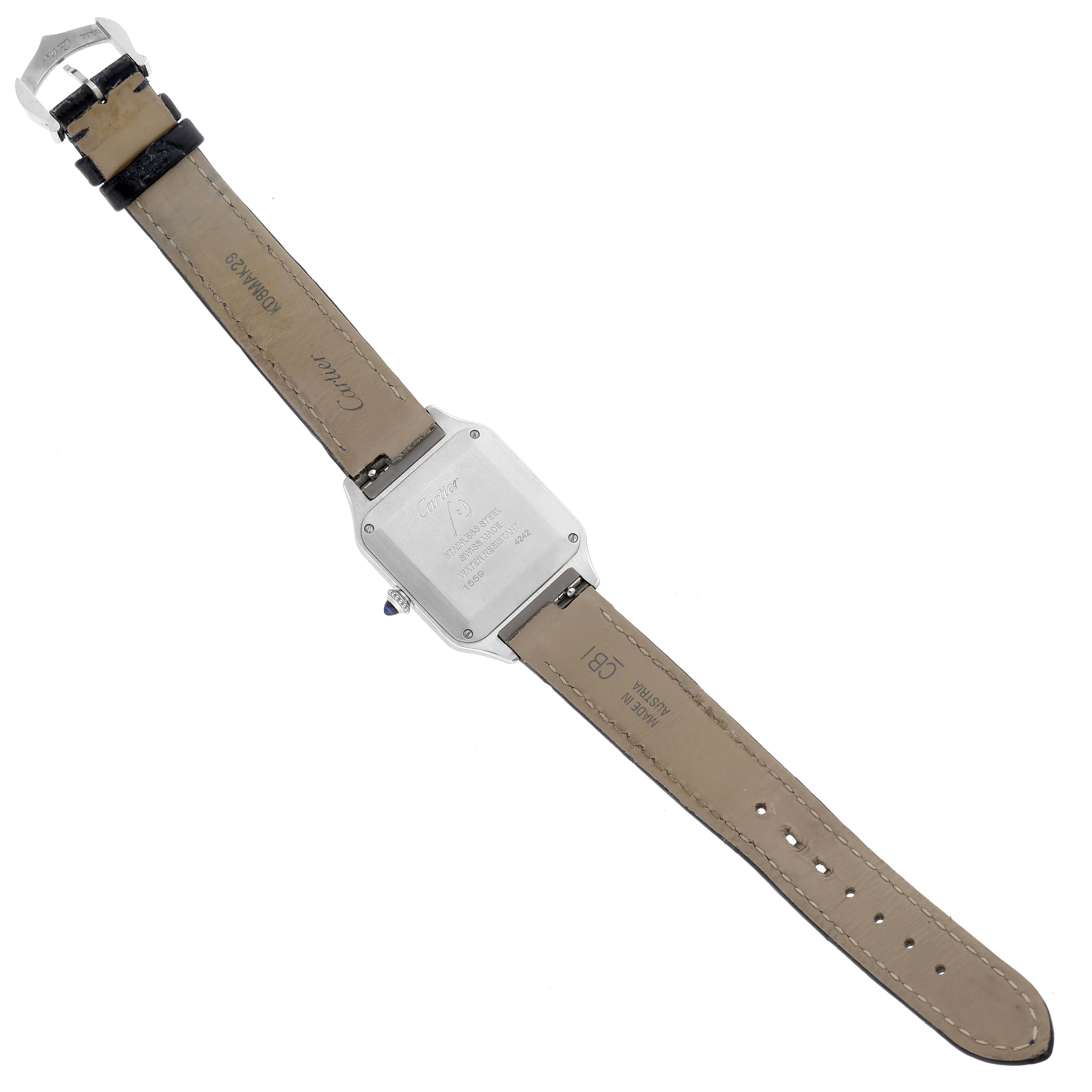 The image shows the back and strap of a Cartier Santos WSSA0023 Women's Stainless Steel Silver Dial WSSA0023 Women's Stainless Steel Silver Dial watch, highlighting the buckle and case back details.