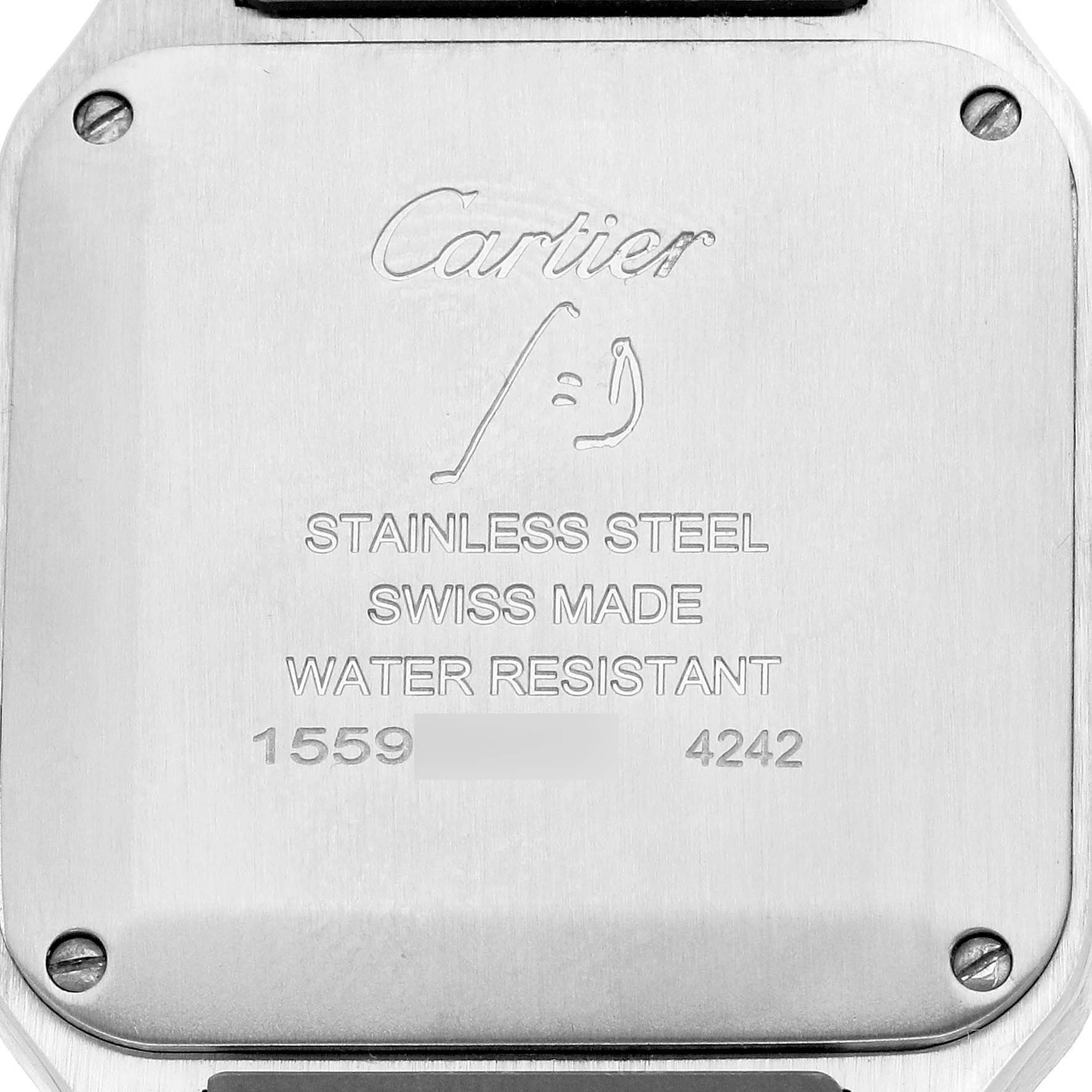 The image shows the case back of a Cartier Santos WSSA0023 Women's Stainless Steel Silver Dial WSSA0023 Women's Stainless Steel Silver Dial watch, highlighting the engraving details.