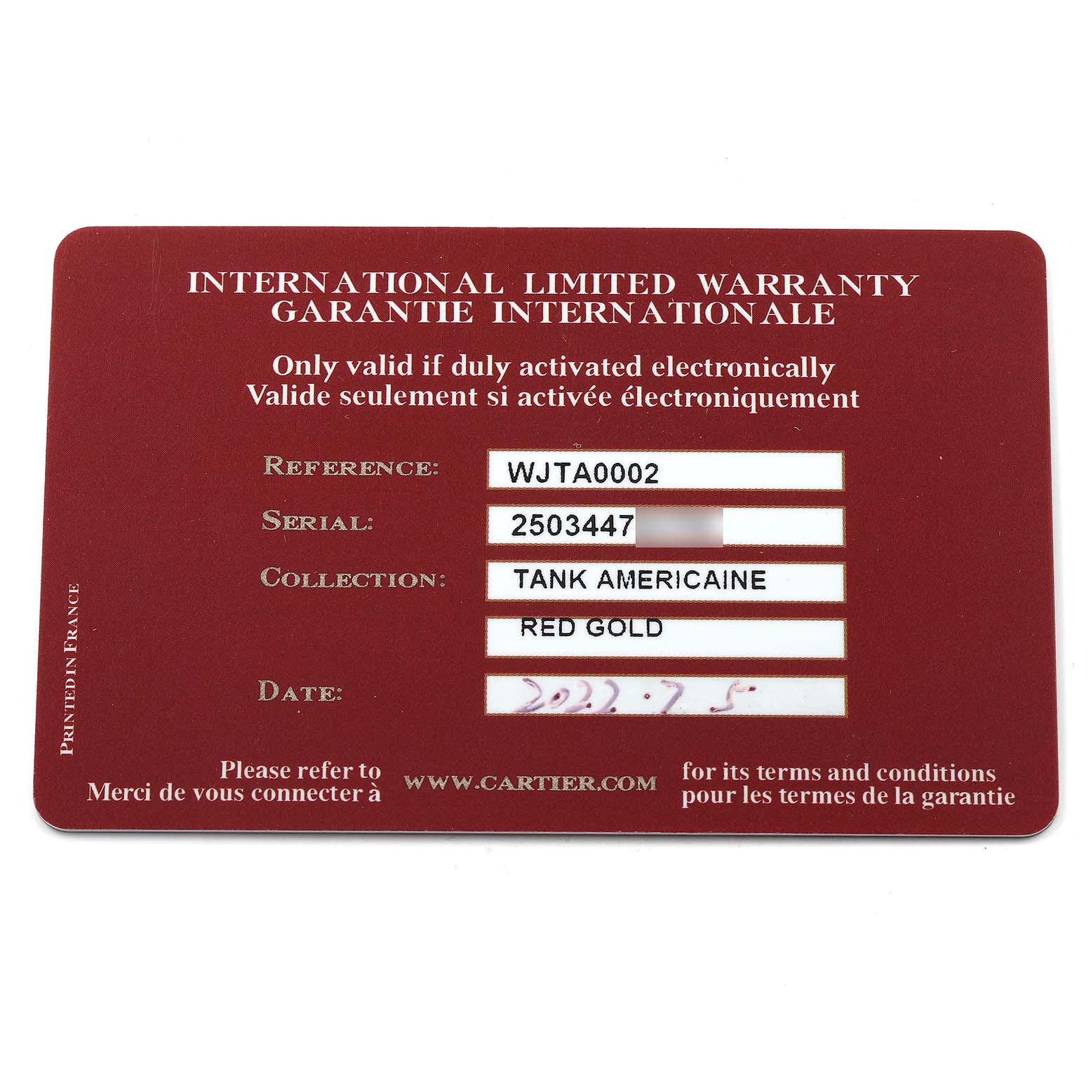 This image shows the international limited warranty card for a Cartier Tank Americaine WJTA0002 Women
s Rose Gold Silver Dial WJTA0002 Women
s Rose Gold Silver Dial watch.