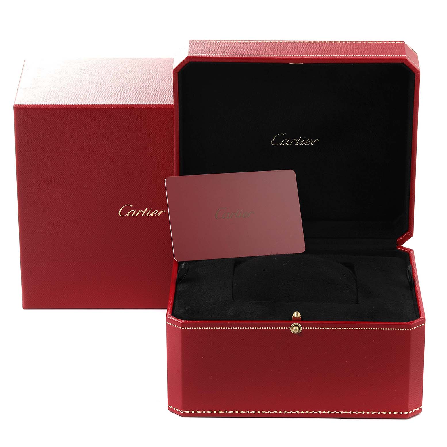 The image shows the packaging and accessories of the Cartier Tank Americaine WJTA0002 Women
s Rose Gold Silver Dial WJTA0002 Women
s Rose Gold Silver Dial, including a red box and a card.