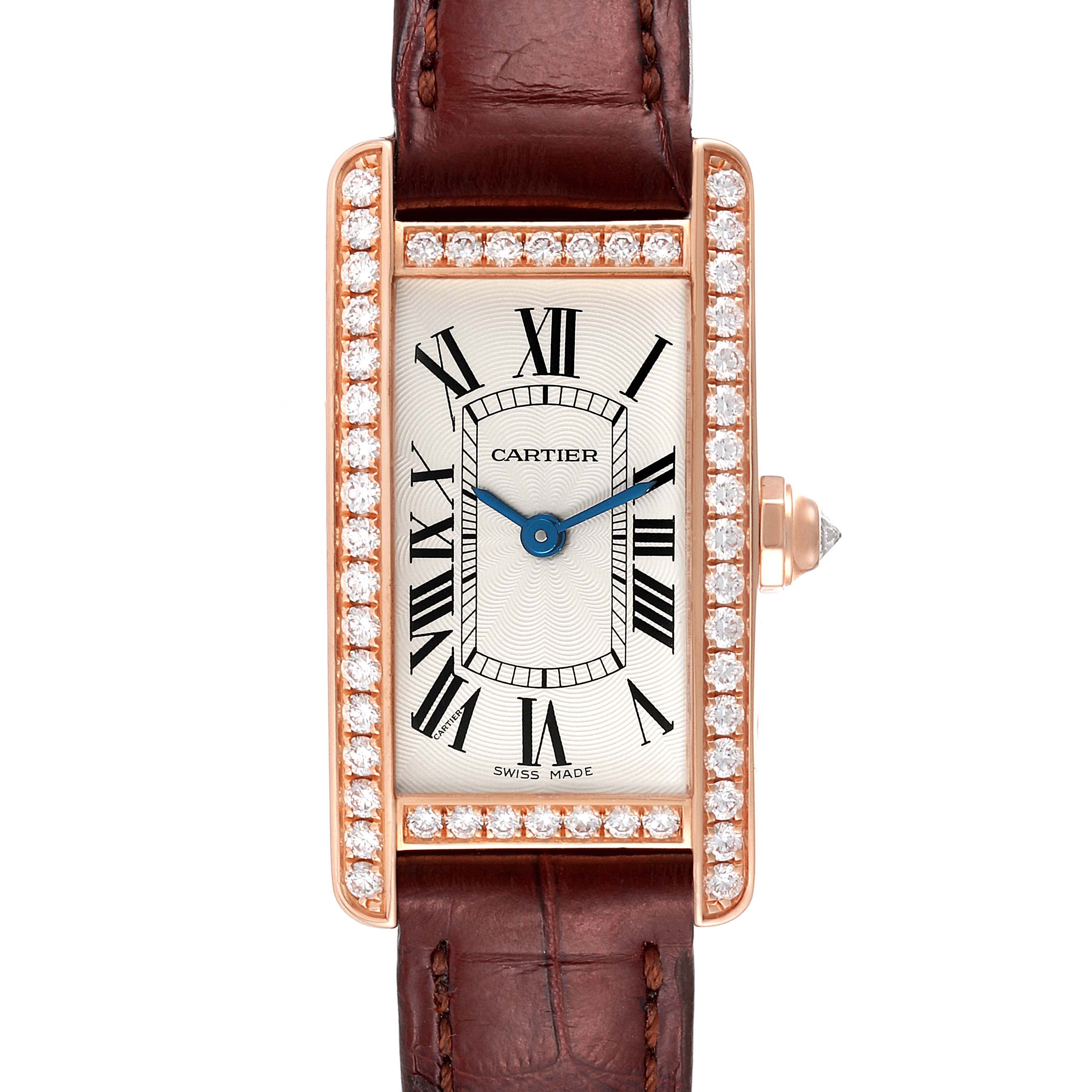 The Cartier Tank Américaine watch is shown from the top view, featuring its rectangular dial, diamond bezel, and leather strap.