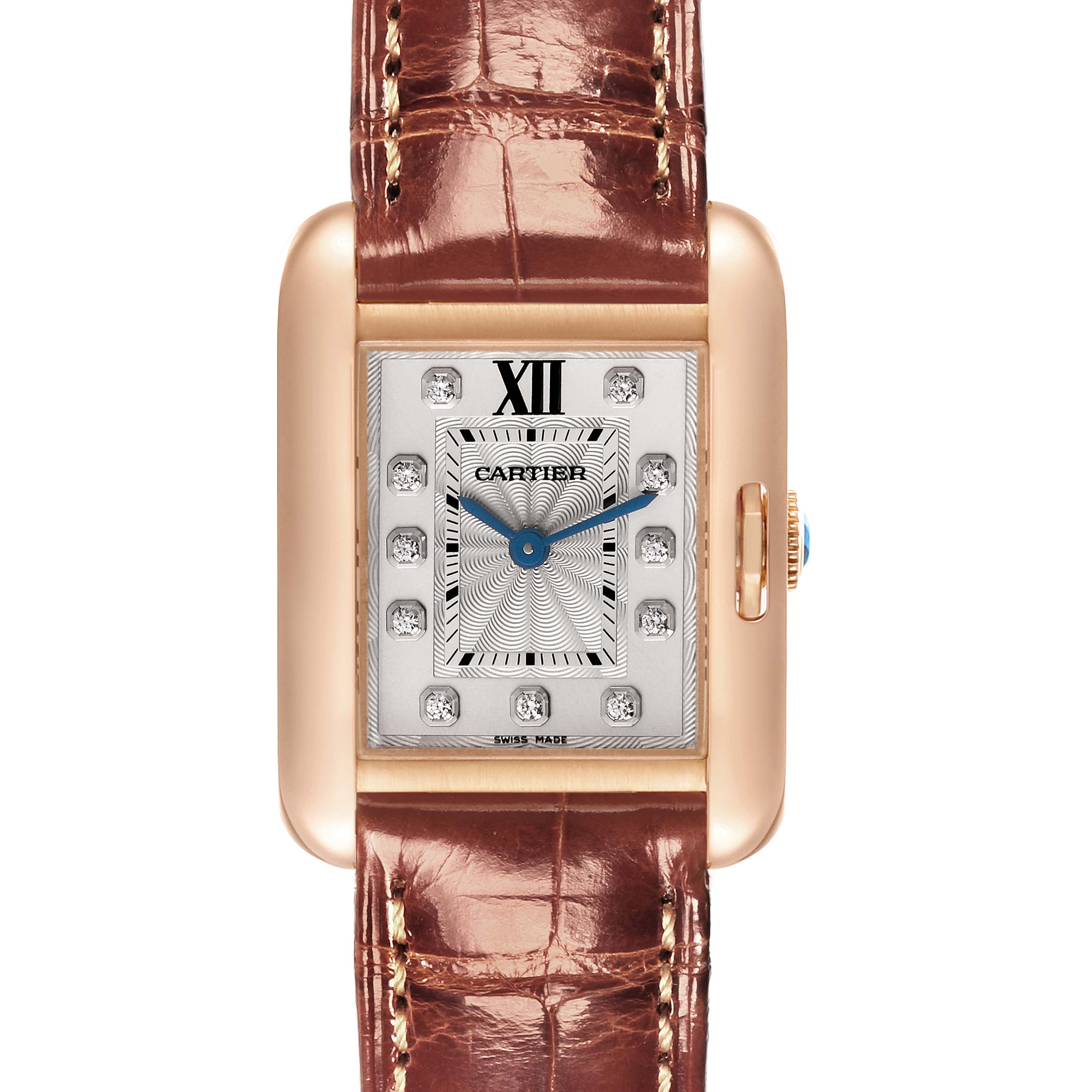 The Cartier Tank Anglaise WJTA0007 Women
s Rose Gold Silver Dial WJTA0007 Women
s Rose Gold Silver Dial watch is shown from a front angle, displaying its face, dial, and brown leather strap.