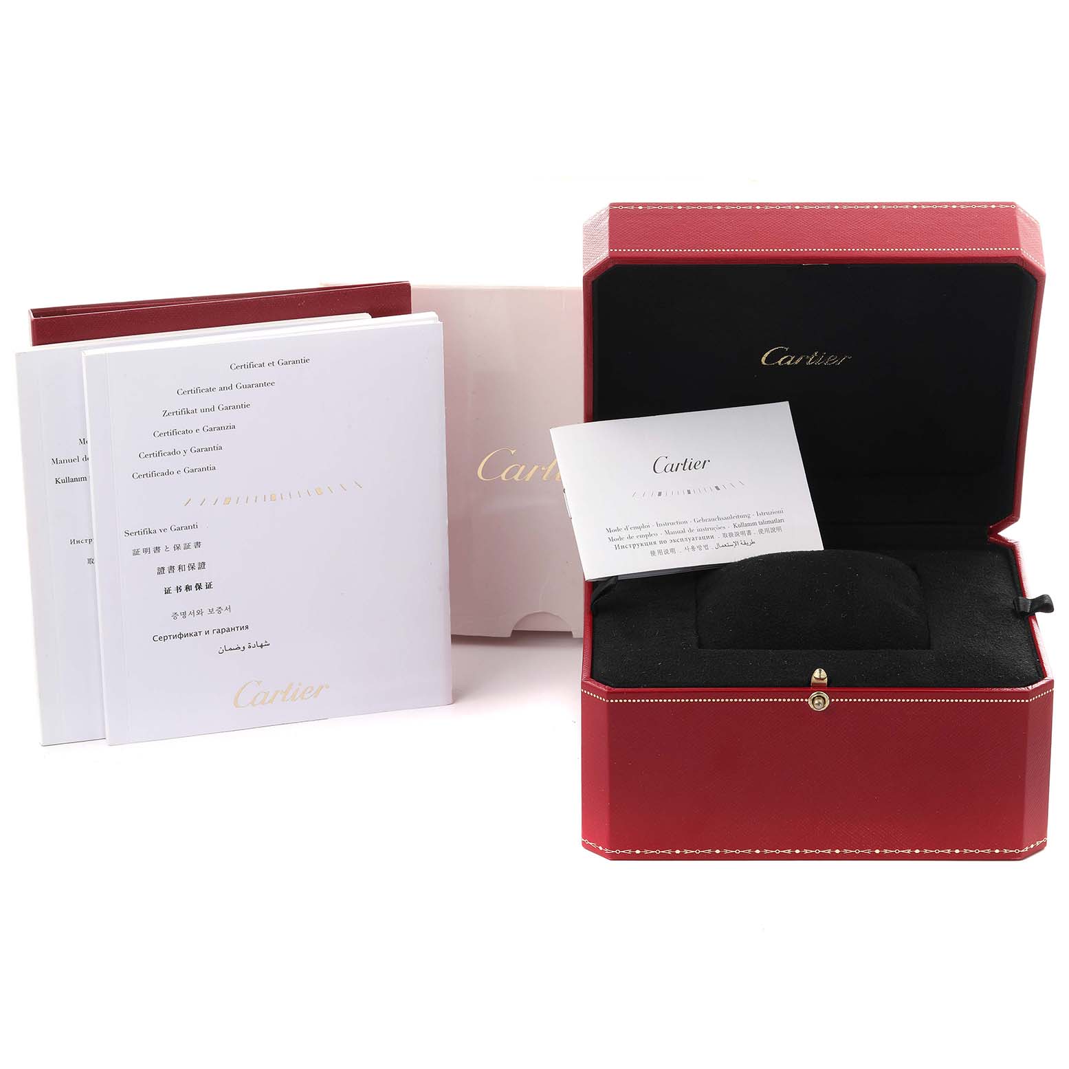The image shows the box and documents for the Cartier Tank Anglaise WJTA0007 Women
s Rose Gold Silver Dial WJTA0007 Women
s Rose Gold Silver Dial watch, including a red case and warranty papers.