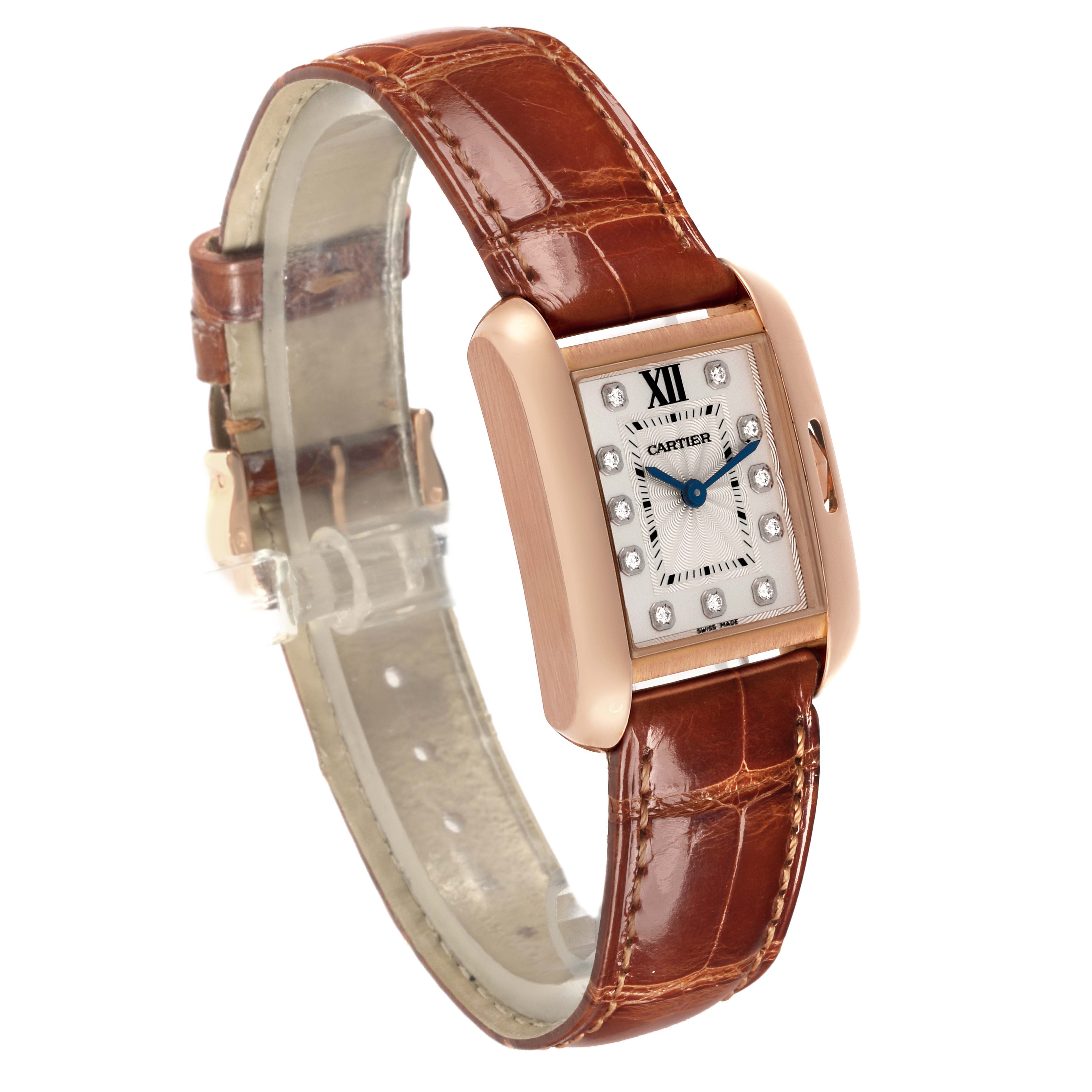 The Cartier Tank Anglaise WJTA0007 Women
s Rose Gold Silver Dial WJTA0007 Women
s Rose Gold Silver Dial is shown at a slight angle, highlighting its face, case, and brown leather strap.