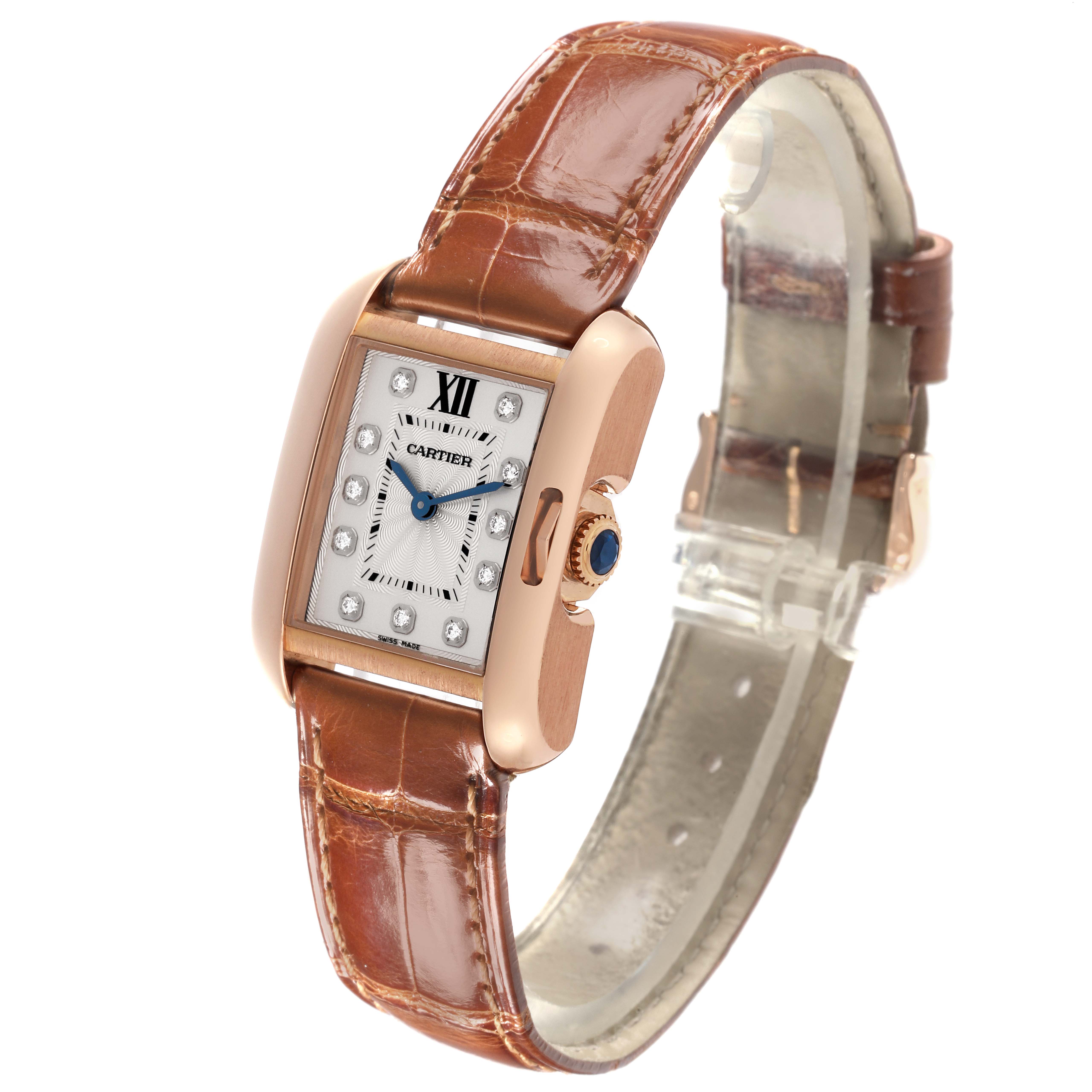 The Cartier Tank Anglaise WJTA0007 Women
s Rose Gold Silver Dial WJTA0007 Women
s Rose Gold Silver Dial watch is shown at a three-quarter angle, displaying the dial, crown, and brown leather strap.