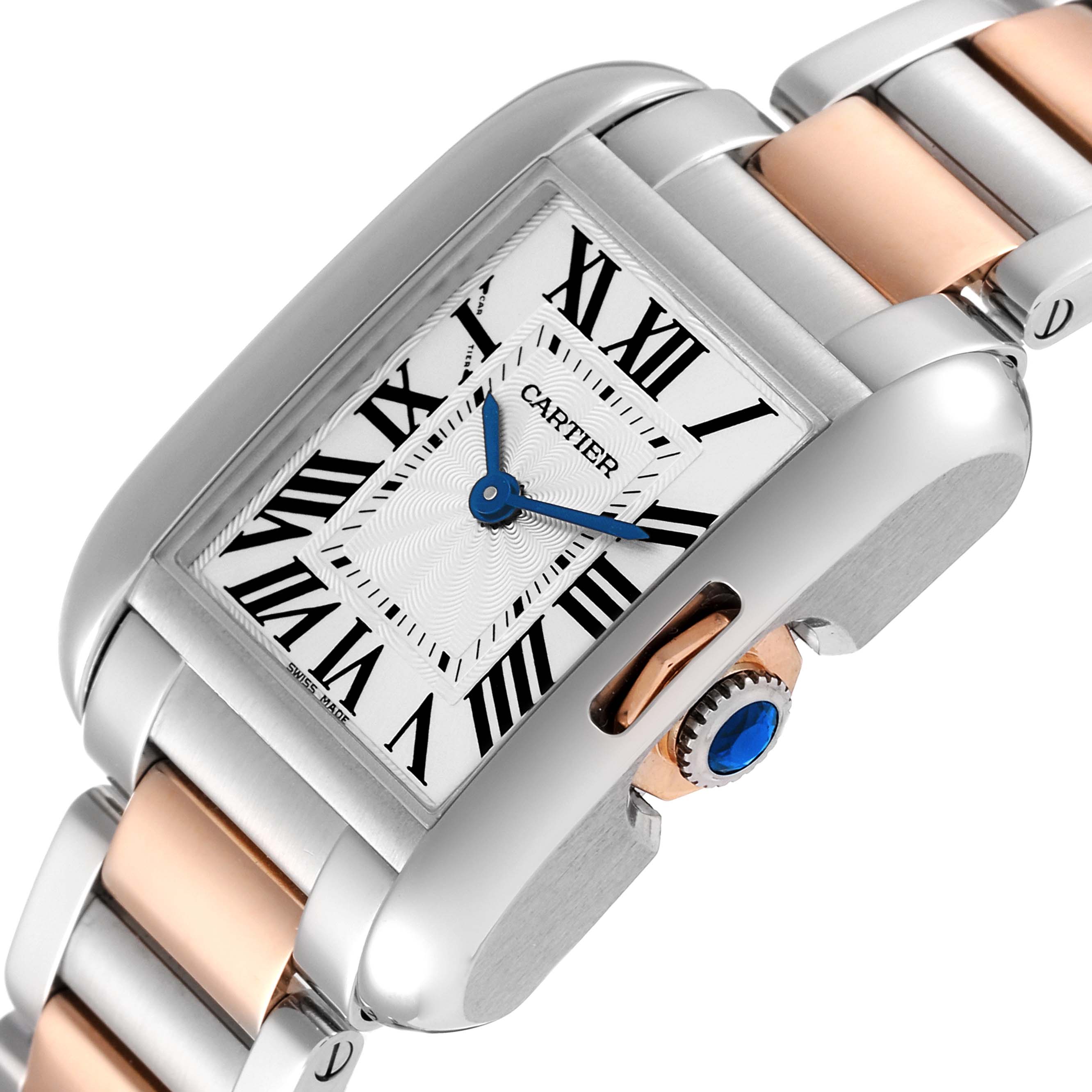 The image shows a close-up side angle of the Cartier Tank Anglaise W5310036 Women's Steel and Gold (two tone) Silver Dial W5310036 Women's Steel and Gold (two tone) Silver Dial watch, highlighting the face, crown, and two-tone bracelet.
