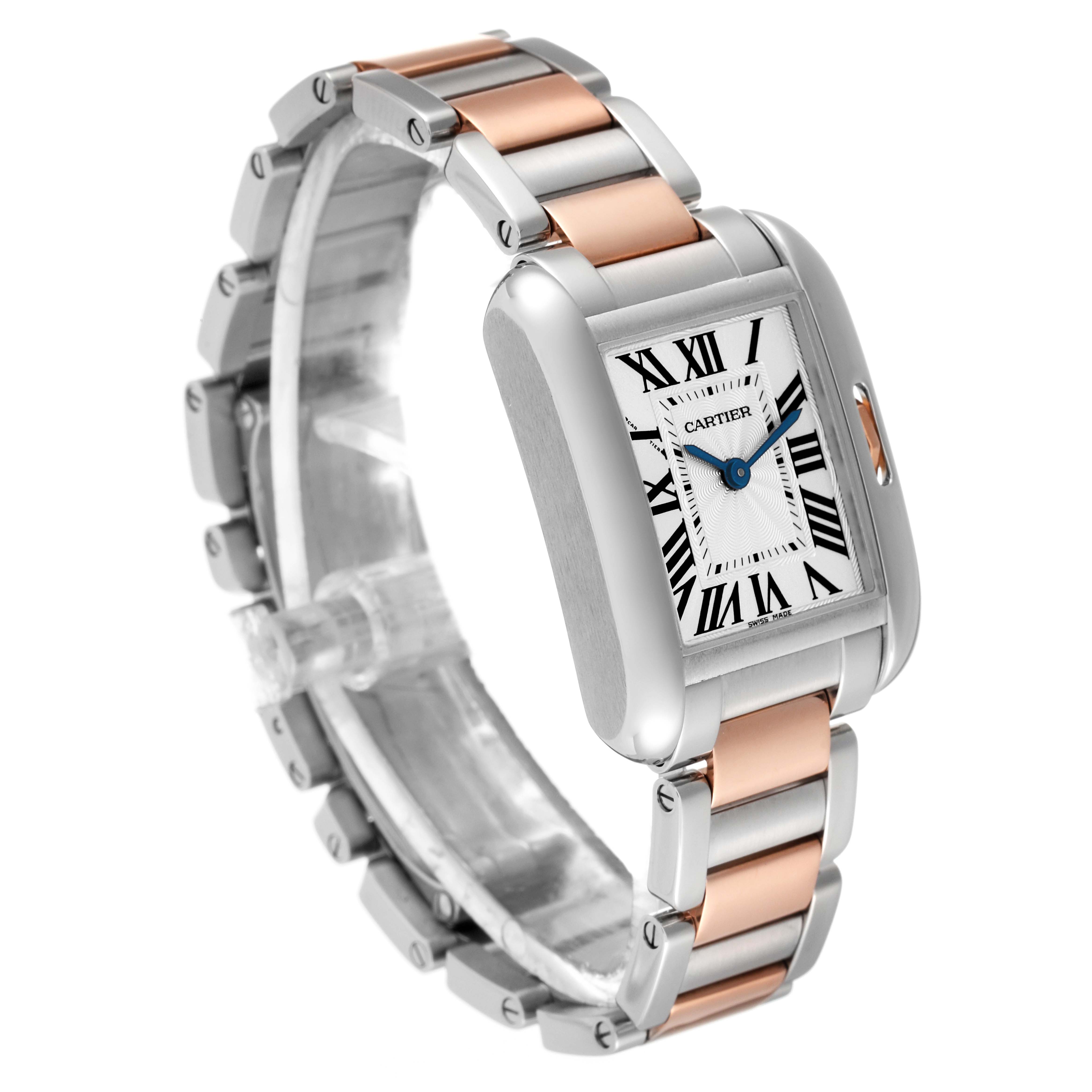 This image shows a side angle of the Cartier Tank Anglaise W5310036 Women's Steel and Gold (two tone) Silver Dial W5310036 Women's Steel and Gold (two tone) Silver Dial watch, highlighting its mixed metal bracelet and rectangular dial.