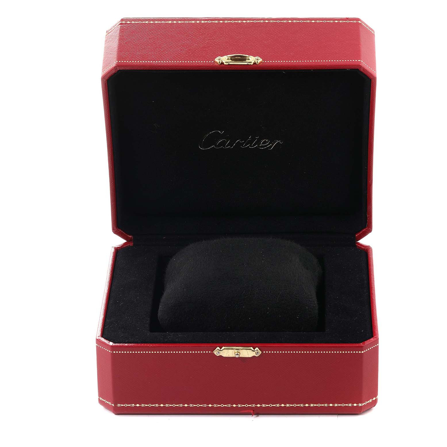 The image shows an open Cartier Tank Anglaise W5310036 Women's Steel and Gold (two tone) Silver Dial W5310036 Women's Steel and Gold (two tone) Silver Dial watch box, featuring a red exterior and black interior with a cushion inside.