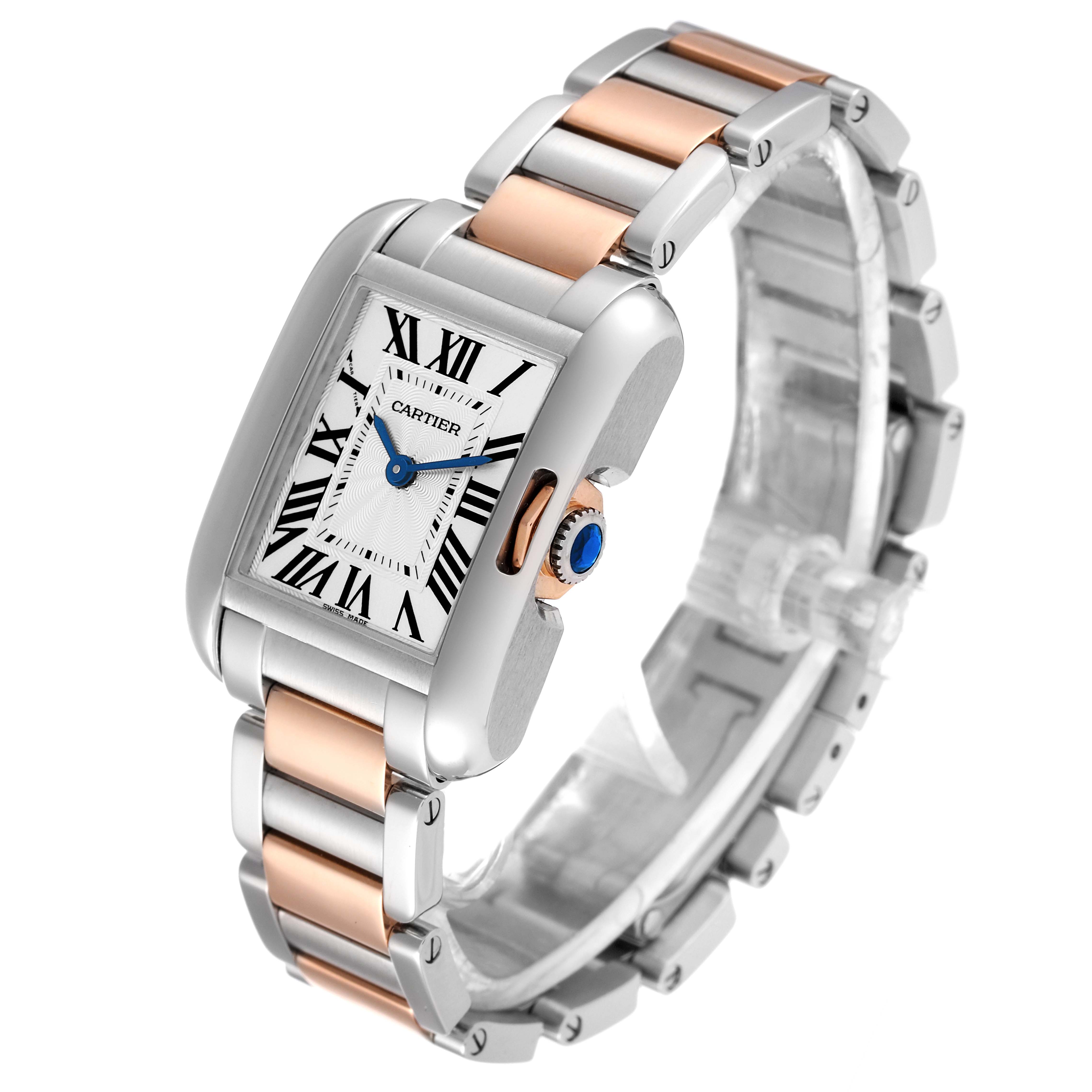 The Cartier Tank Anglaise W5310036 Women's Steel and Gold (two tone) Silver Dial W5310036 Women's Steel and Gold (two tone) Silver Dial watch is shown at an angle displaying its dial, crown, and two-tone bracelet.