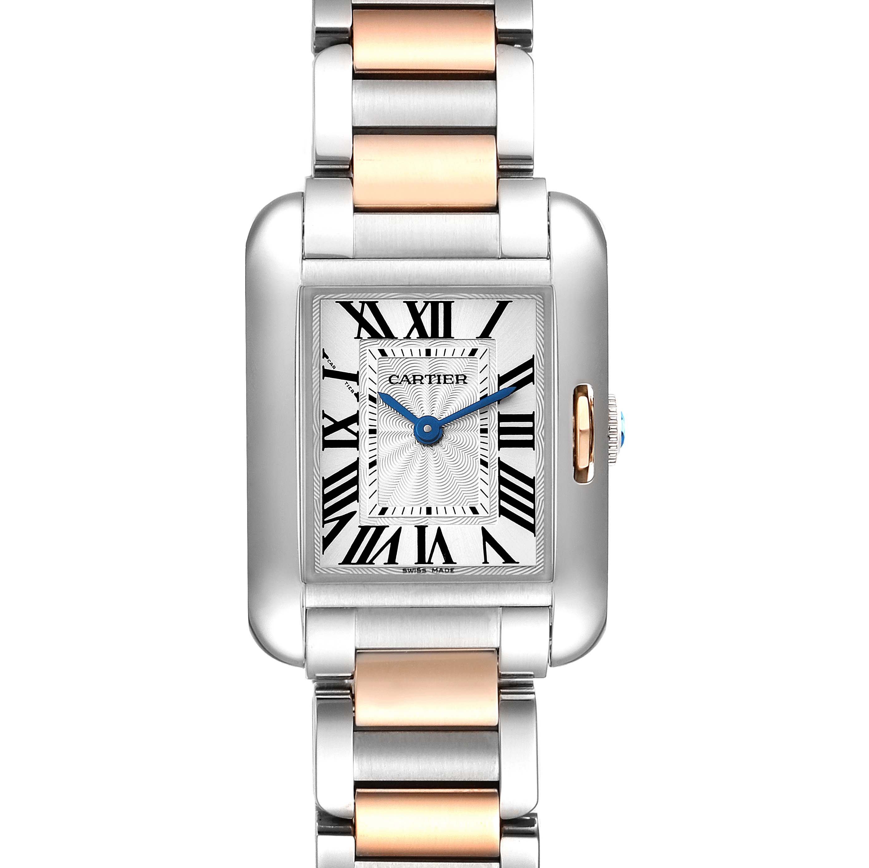 This image shows a straight-on view of the Cartier Tank Anglaise W5310036 Women's Steel and Gold (two tone) Silver Dial W5310036 Women's Steel and Gold (two tone) Silver Dial watch, highlighting its rectangular dial and two-tone bracelet.