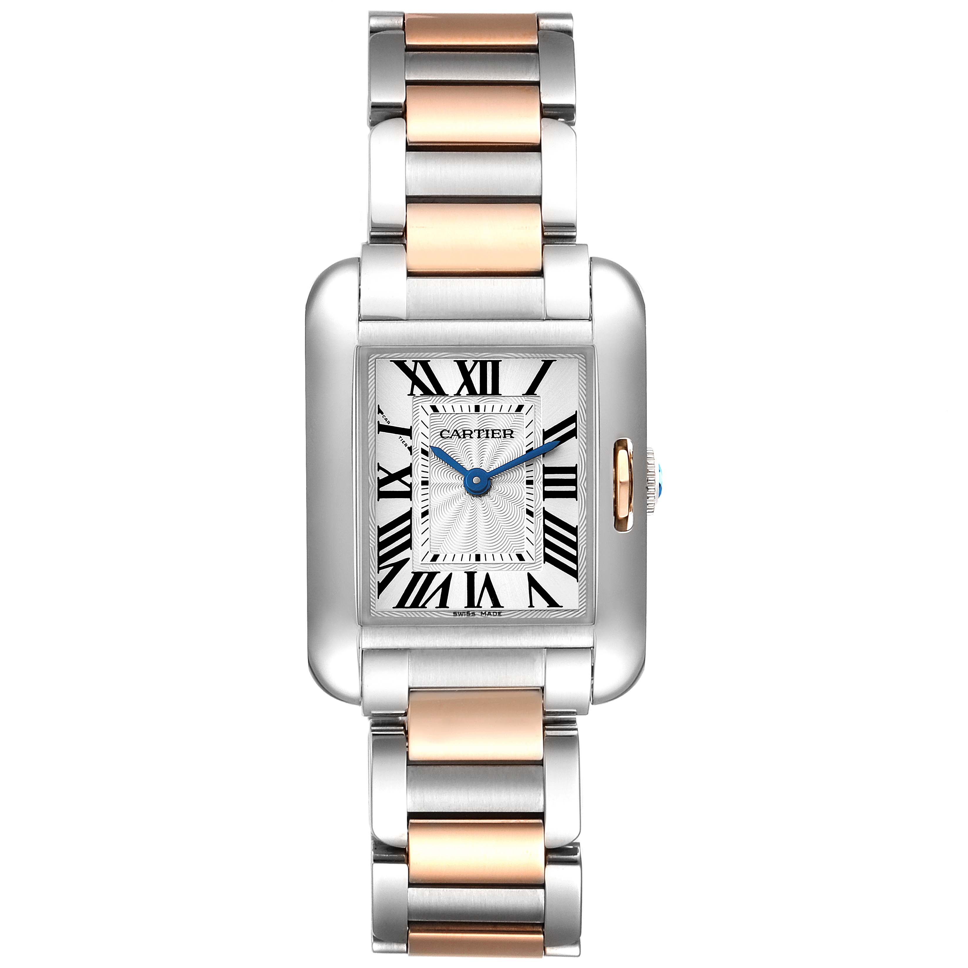 The image shows a frontal view of the Cartier Tank Anglaise W5310036 Women's Steel and Gold (two tone) Silver Dial W5310036 Women's Steel and Gold (two tone) Silver Dial watch, highlighting its face and bracelet.