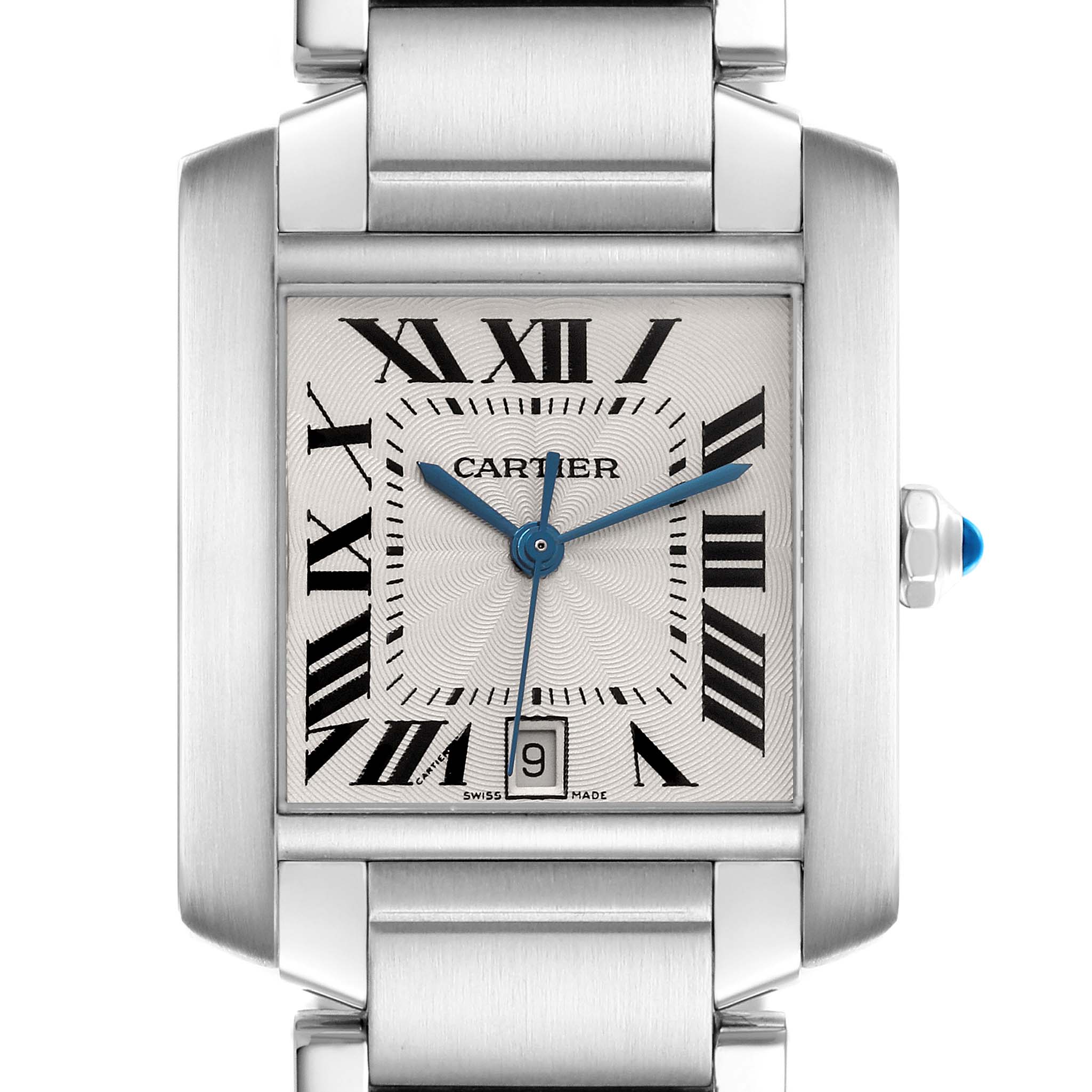 The Cartier Tank Française watch is shown from the front, featuring the dial, Roman numerals, and metal bracelet.