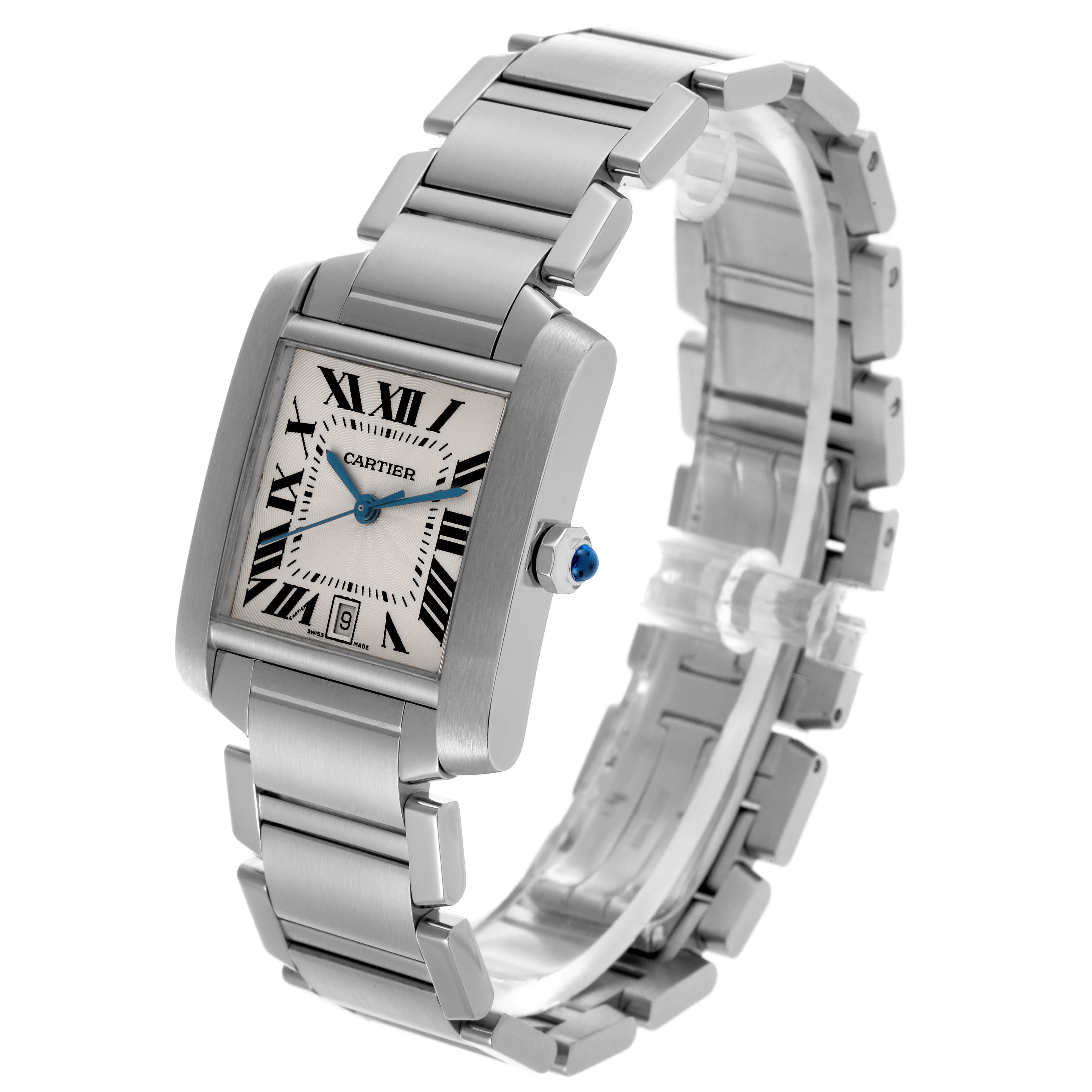 The Cartier Tank Française watch is shown at a three-quarter angle, highlighting the face, bracelet, and side crown.