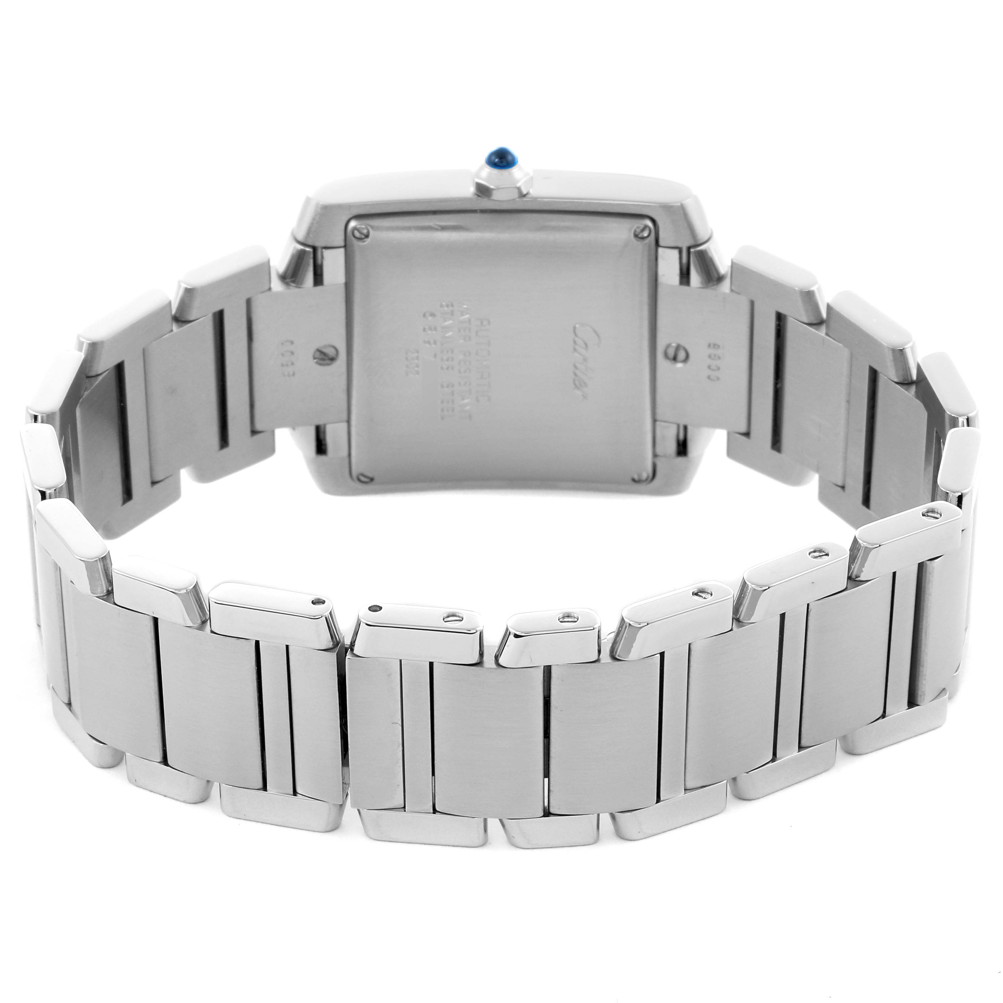 The image shows the back and bracelet of a Cartier Tank Française watch, highlighting the clasp and links.