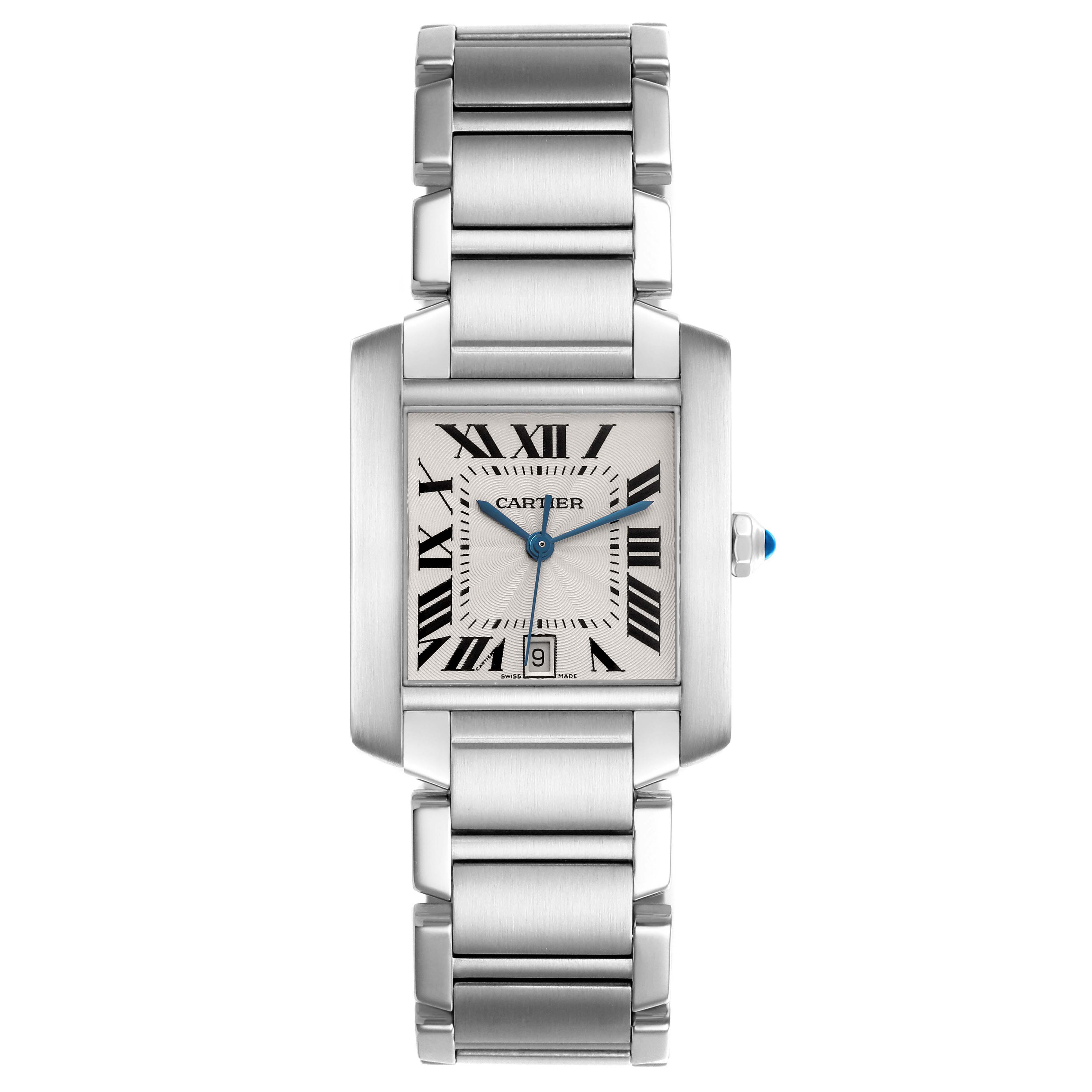 The Cartier Tank Française watch is shown from a front view, highlighting its face, Roman numerals, and bracelet.