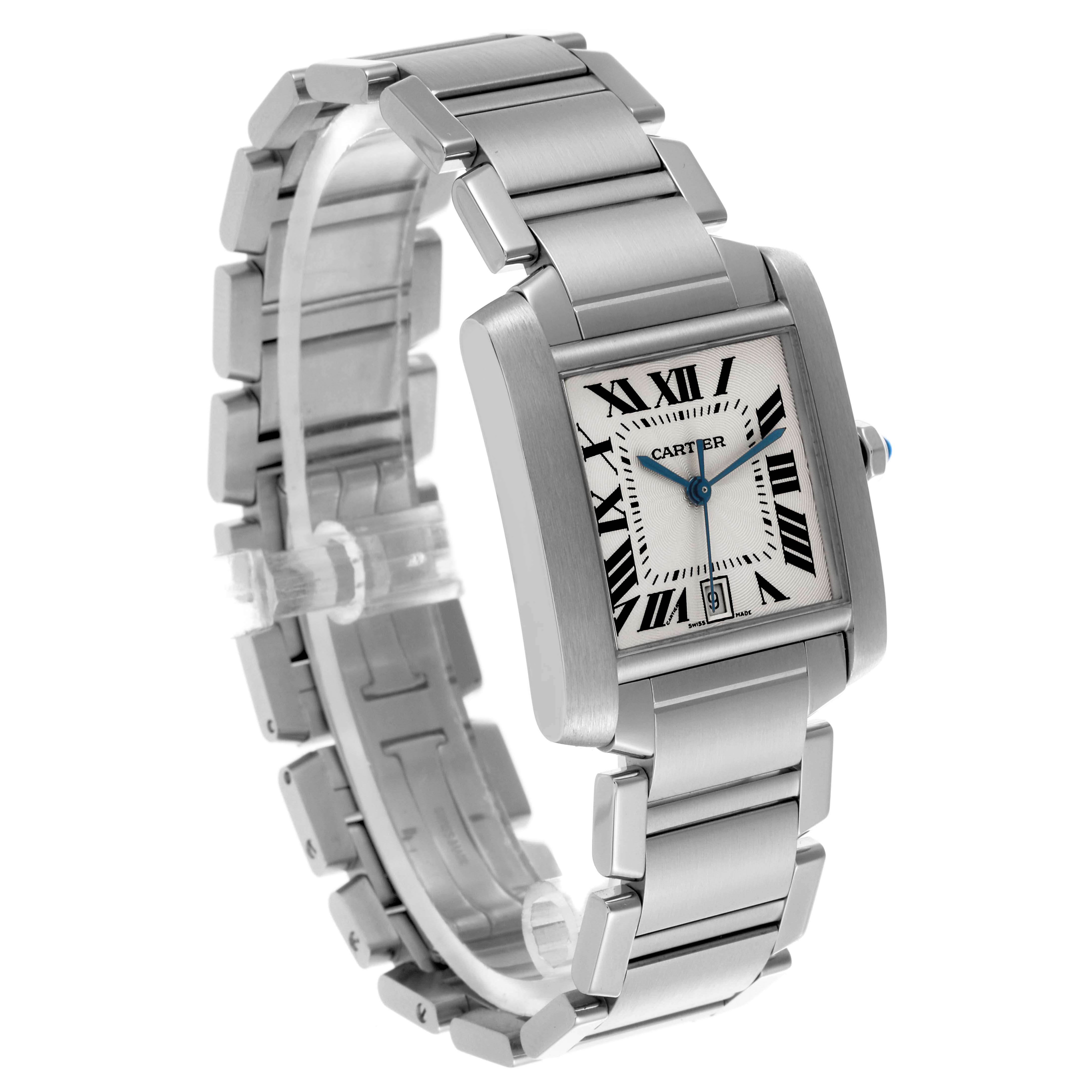 The Cartier Tank Française watch is shown at a three-quarter angle, displaying the face, bracelet, and crown.