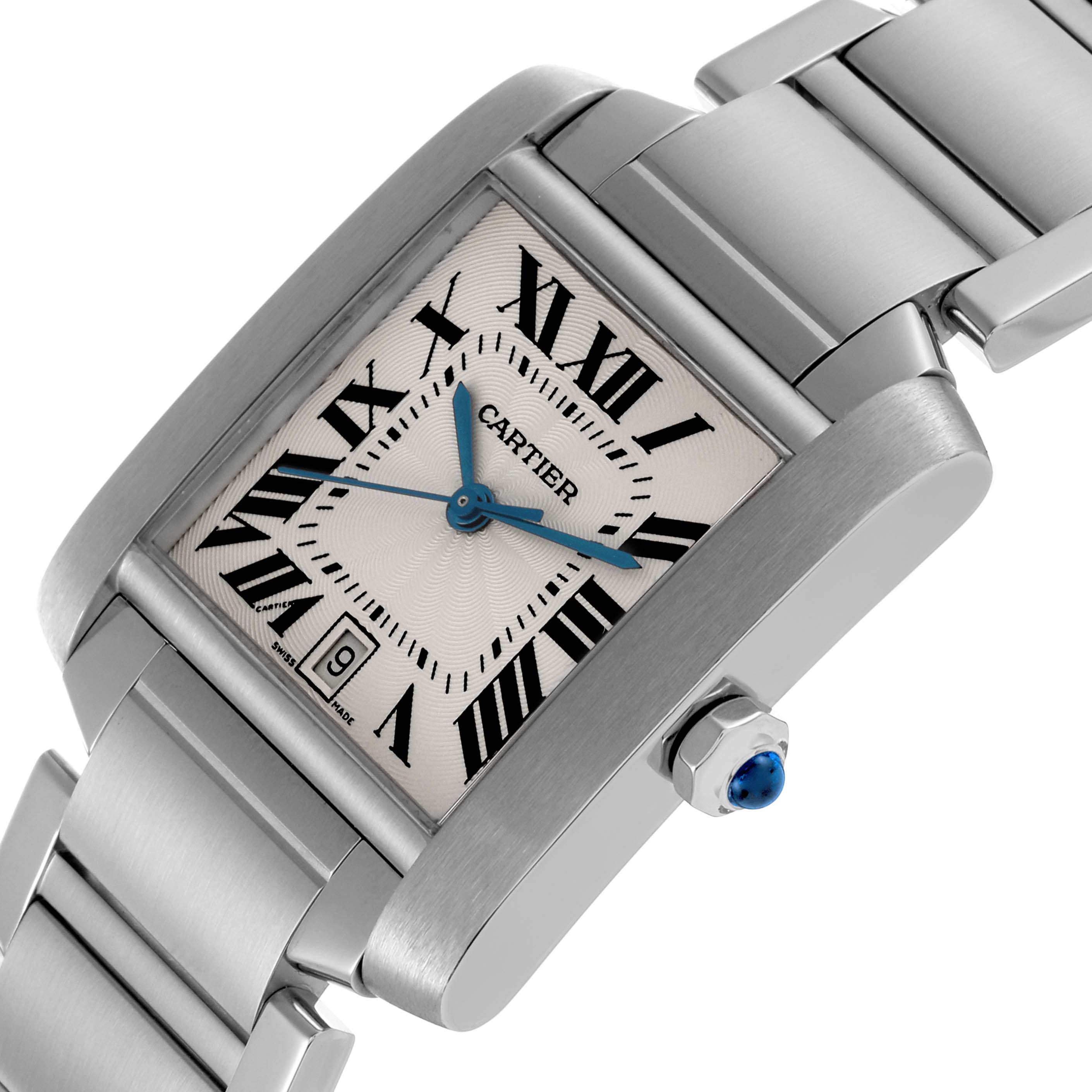 The Cartier Tank Française watch is shown at an angle highlighting the dial, Roman numerals, and metal bracelet.