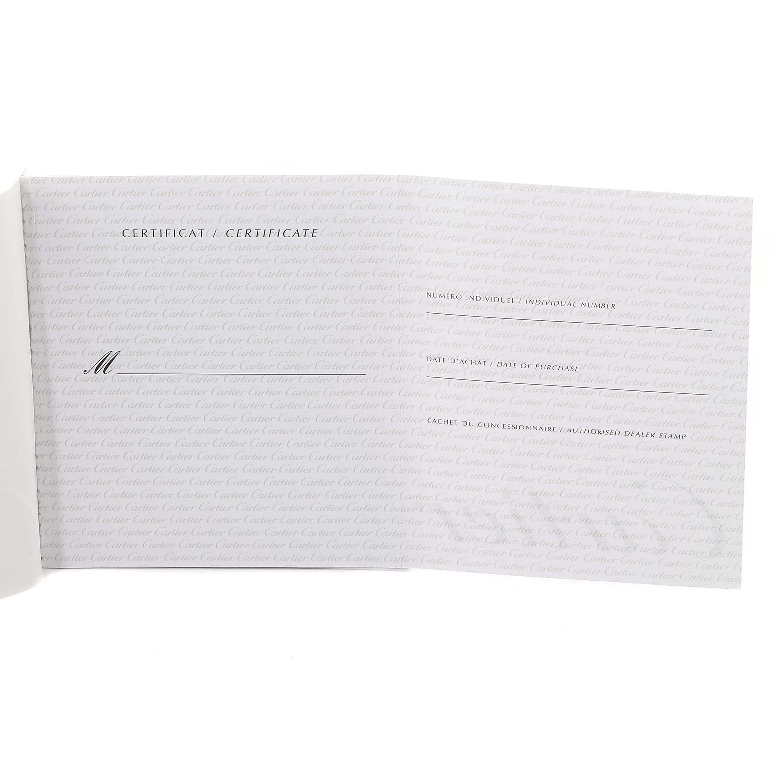 The image shows the open certificate booklet for the Tank Française model by Cartier.