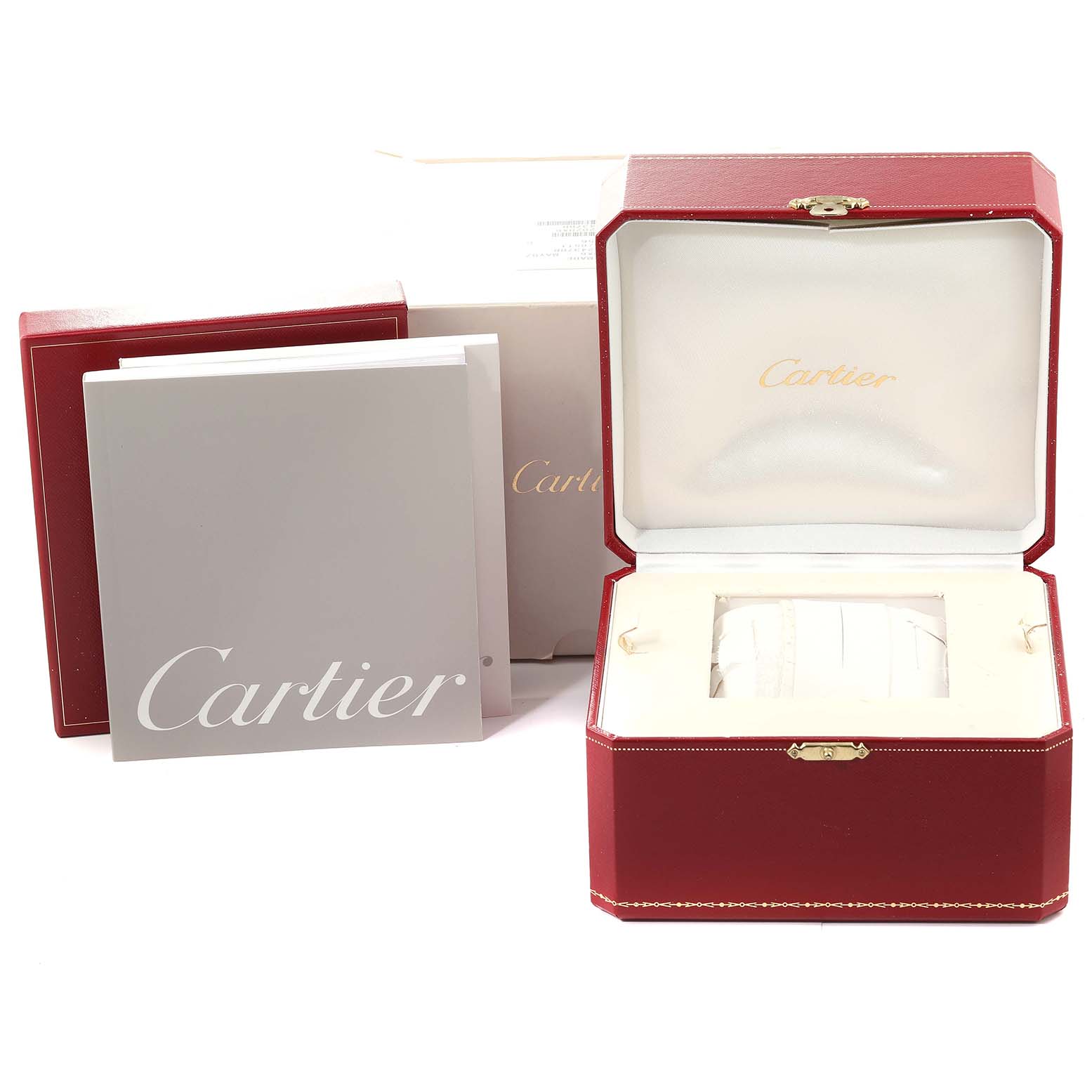The image shows a Cartier Tank Francaise WSTA0005 Women's Stainless Steel Silver Dial WSTA0005 Women's Stainless Steel Silver Dial watch box, booklet, and packaging from an elevated angle.