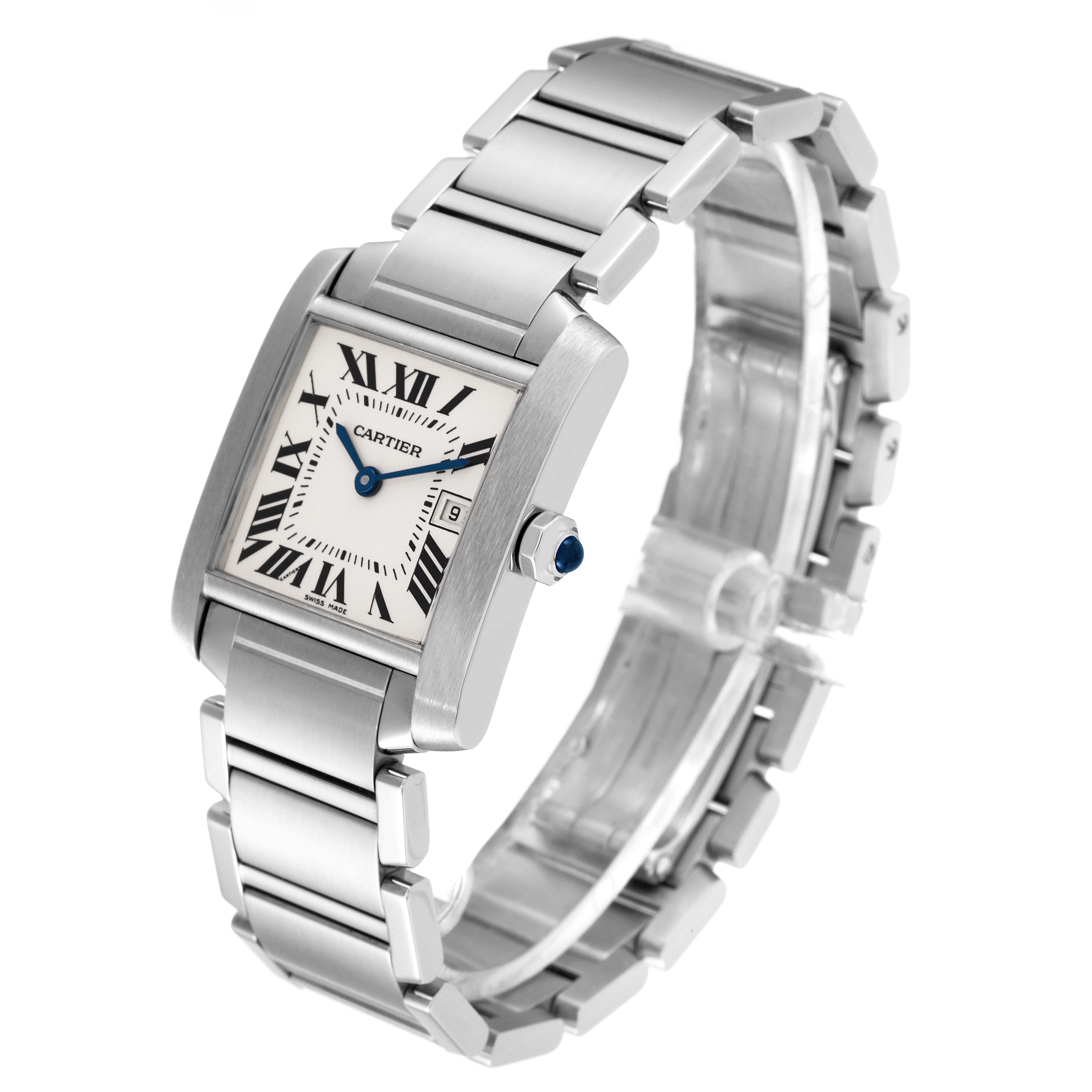 The image shows a Cartier Tank Francaise WSTA0005 Women's Stainless Steel Silver Dial WSTA0005 Women's Stainless Steel Silver Dial watch at an angled view, displaying its rectangular dial and metal bracelet.