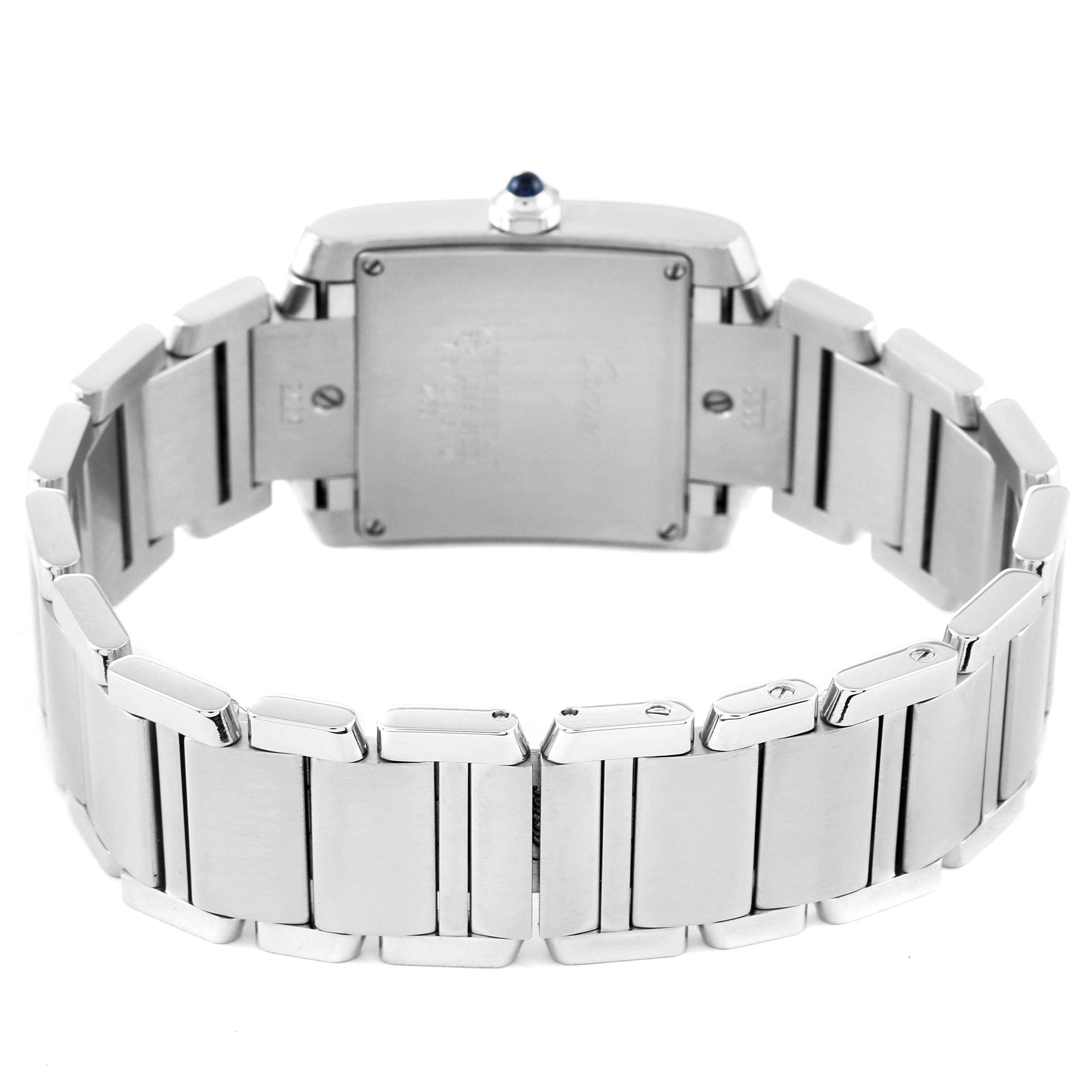 The Cartier Tank Francaise WSTA0005 Women's Stainless Steel Silver Dial WSTA0005 Women's Stainless Steel Silver Dial watch is shown from the back, highlighting its rectangular case and metal bracelet.