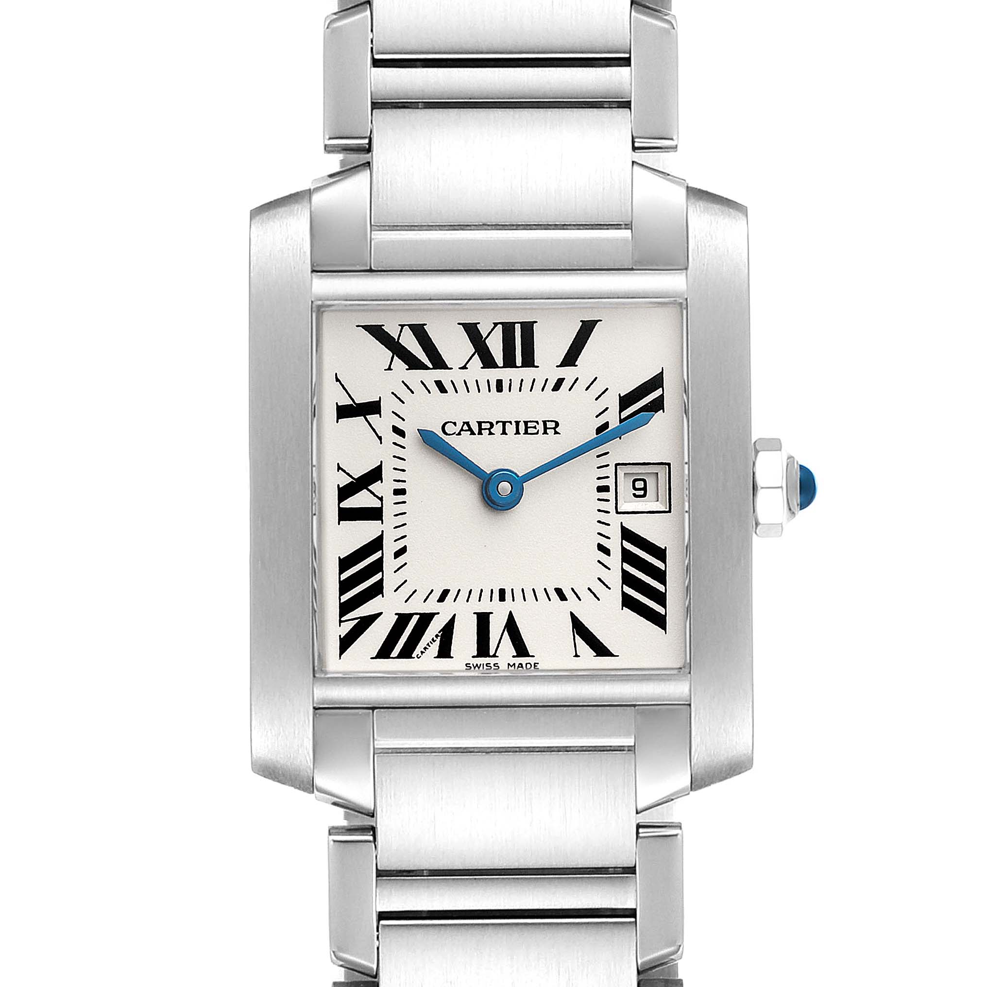 This image shows a front view of a Cartier Tank Francaise WSTA0005 Women's Stainless Steel Silver Dial WSTA0005 Women's Stainless Steel Silver Dial watch, highlighting its dial, hands, bracelet, and date window.