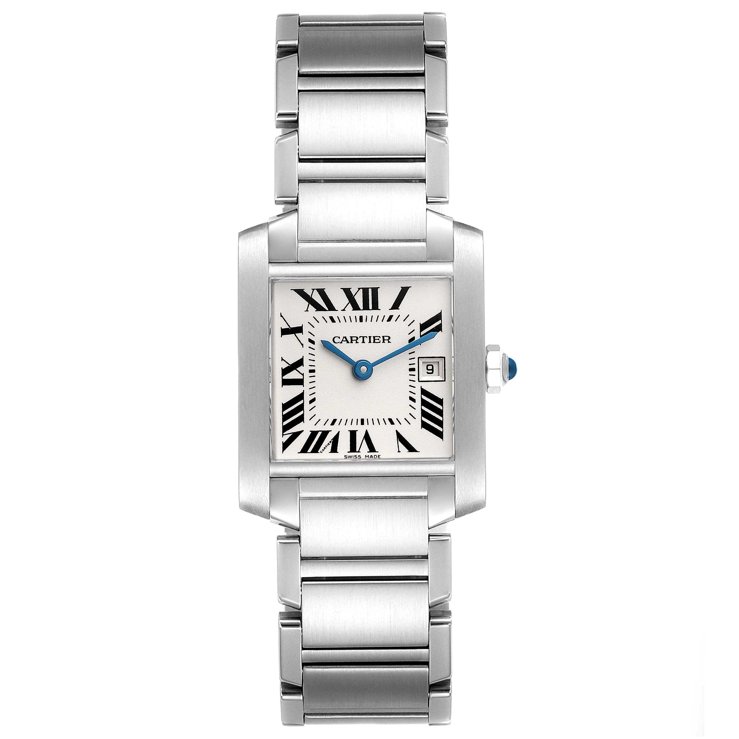 This image shows a Cartier Tank Francaise WSTA0005 Women's Stainless Steel Silver Dial WSTA0005 Women's Stainless Steel Silver Dial watch, displaying the face, case, bracelet, and crown at a frontal angle.