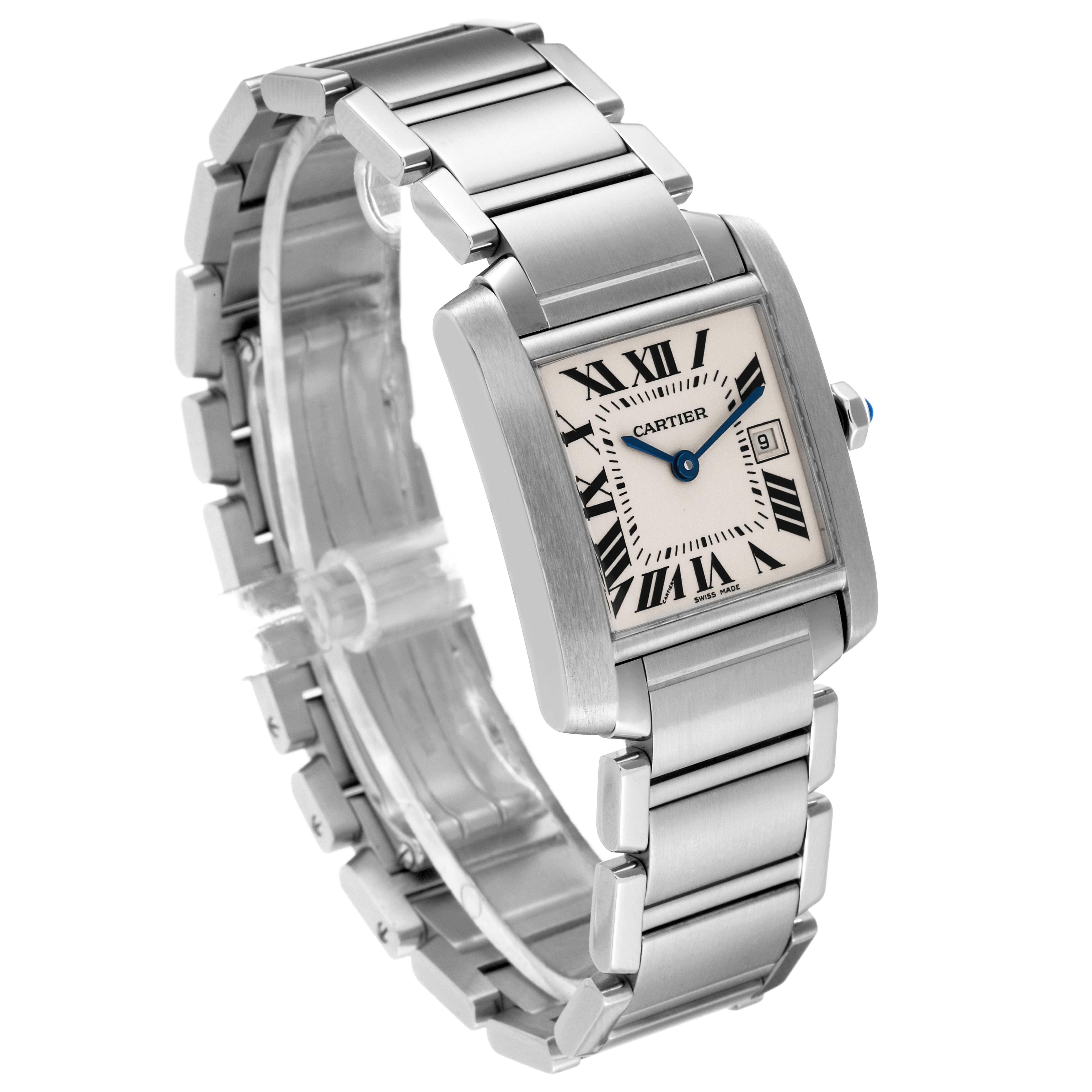 The image shows a Cartier Tank Francaise WSTA0005 Women's Stainless Steel Silver Dial WSTA0005 Women's Stainless Steel Silver Dial watch at a three-quarter angle, highlighting its rectangular face and metal bracelet.