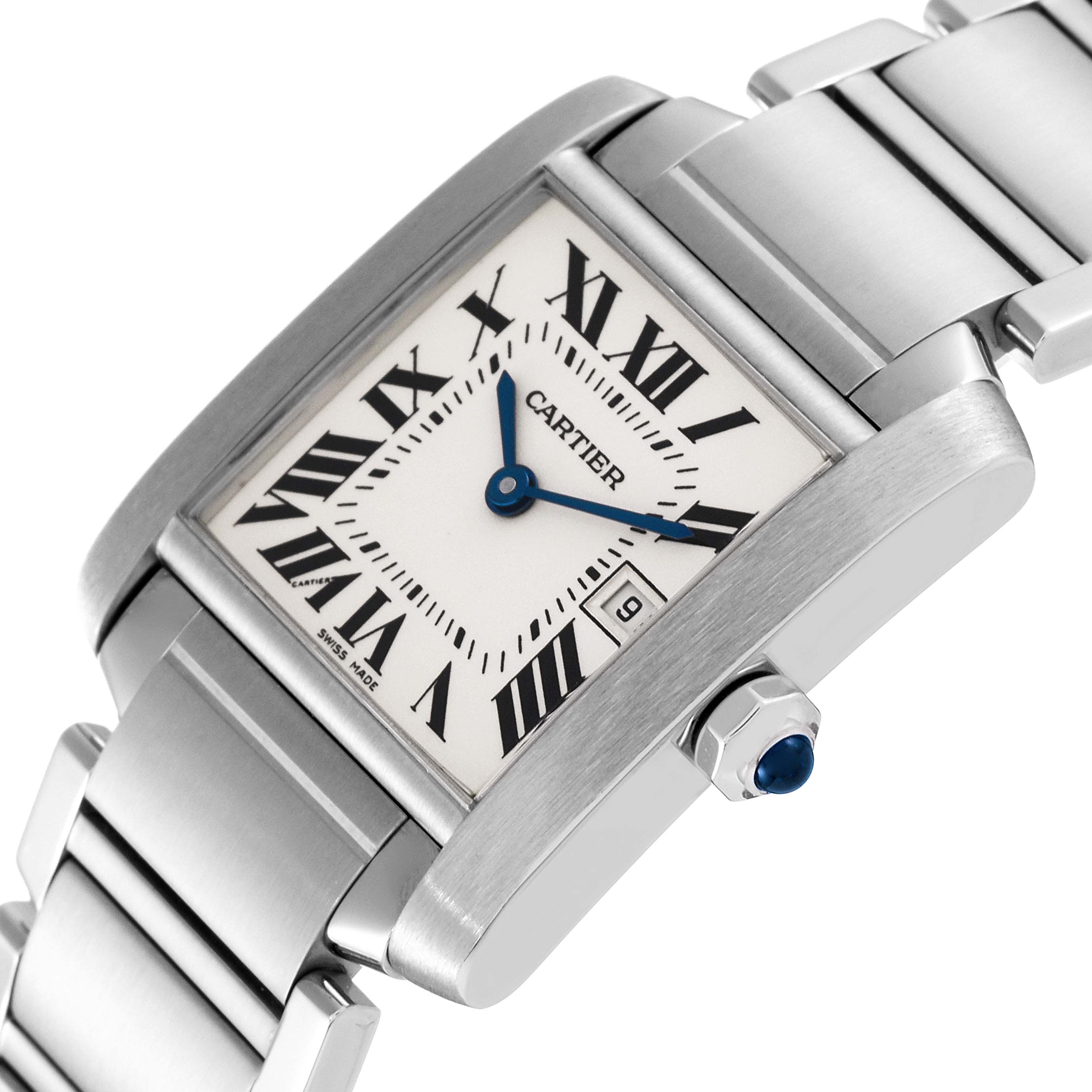 This image shows a close-up angle of the Cartier Tank Francaise WSTA0005 Women's Stainless Steel Silver Dial WSTA0005 Women's Stainless Steel Silver Dial watch, highlighting its face, bracelet, and crown.