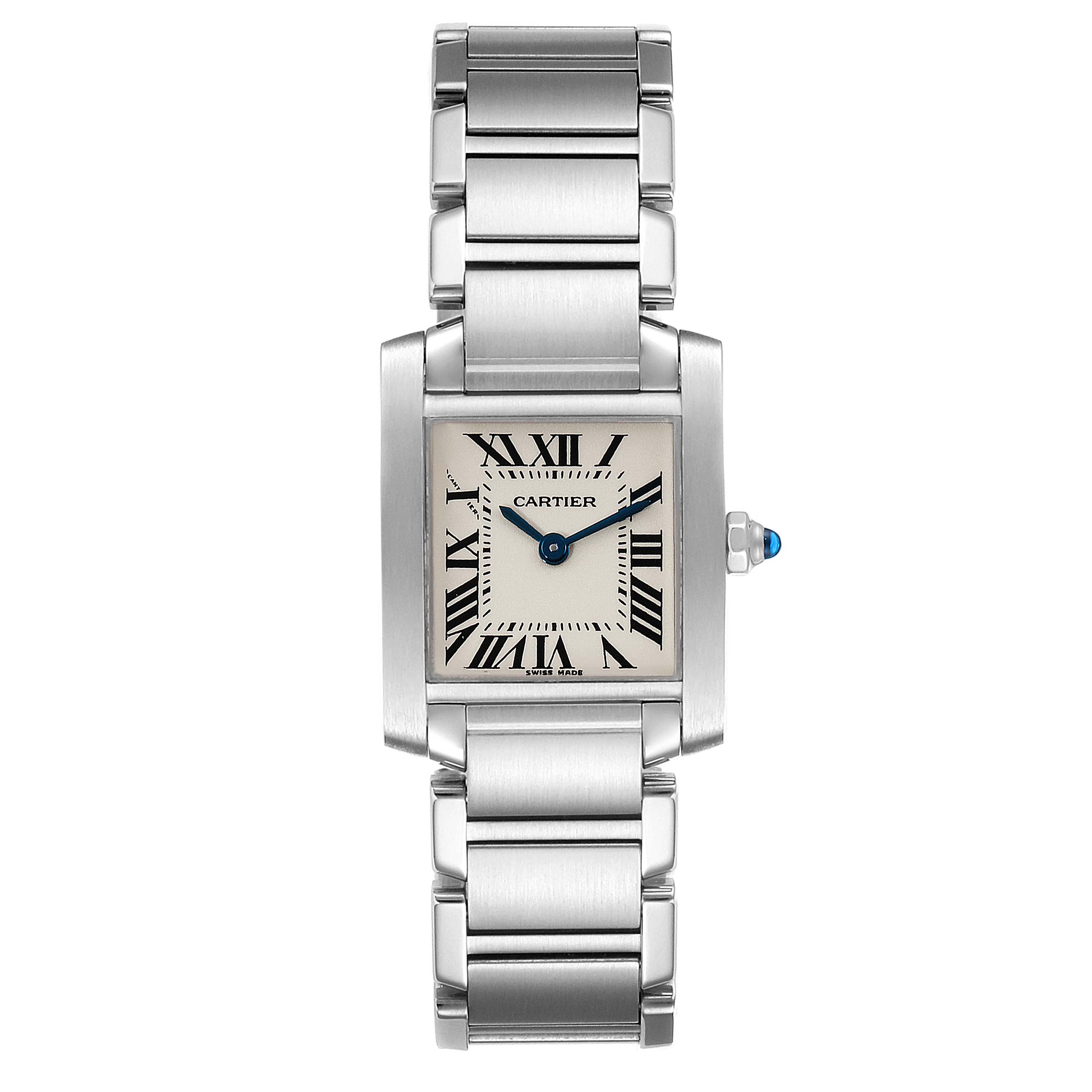 This image displays a Cartier Tank Française watch from a front angle, showing its face and metallic bracelet.
