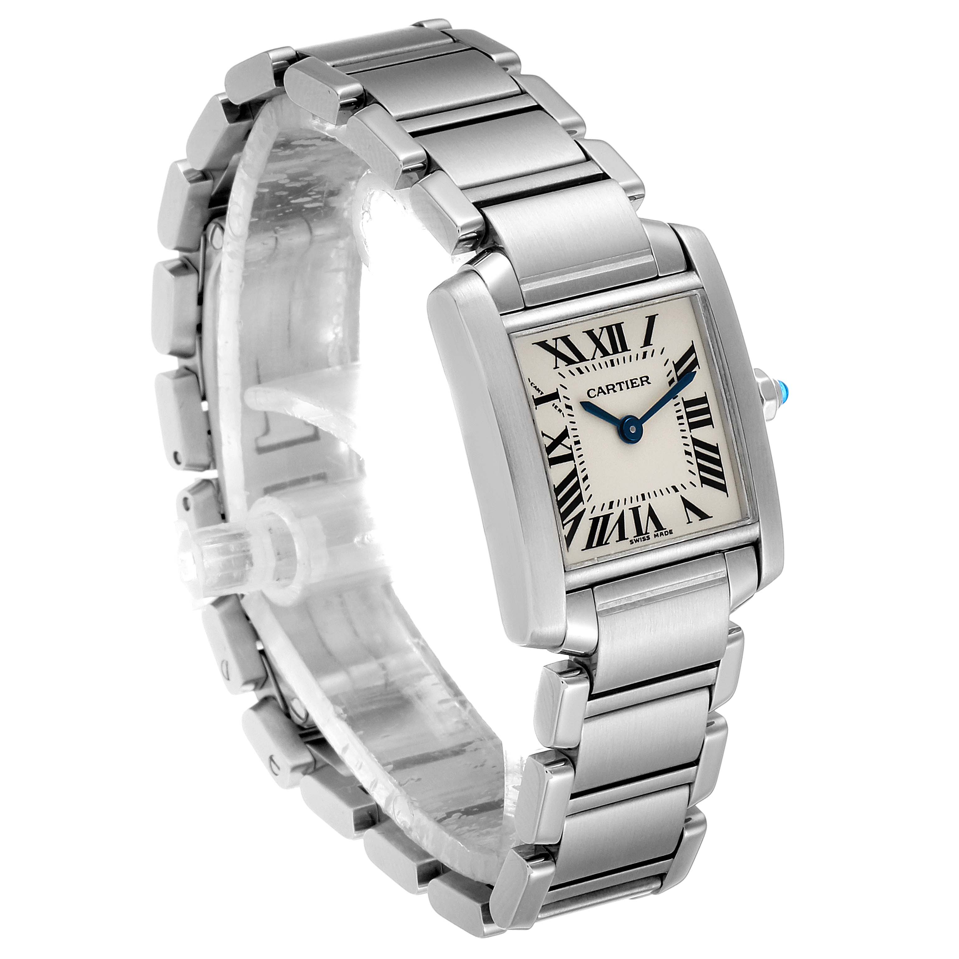 This image shows a Cartier Tank Francaise W51008Q3 Women's Stainless Steel Silver Dial W51008Q3 Women's Stainless Steel Silver Dial watch at a three-quarter angle, displaying its bracelet, dial, and crown.