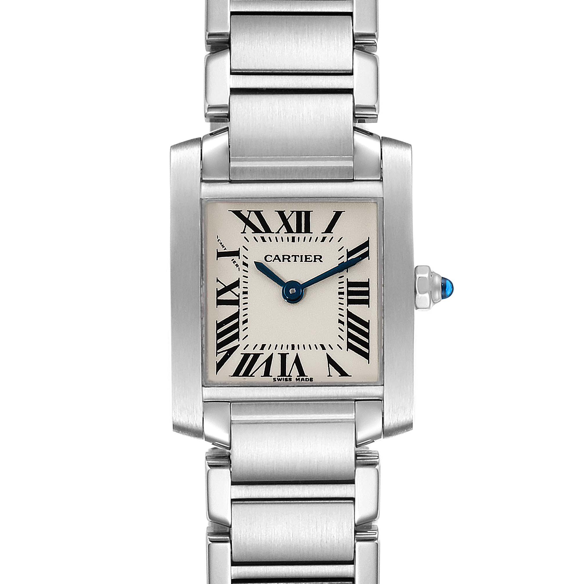 The image shows a frontal view of the Cartier Tank Française watch, highlighting the face, Roman numeral indices, bracelet, and crown with a blue gem.