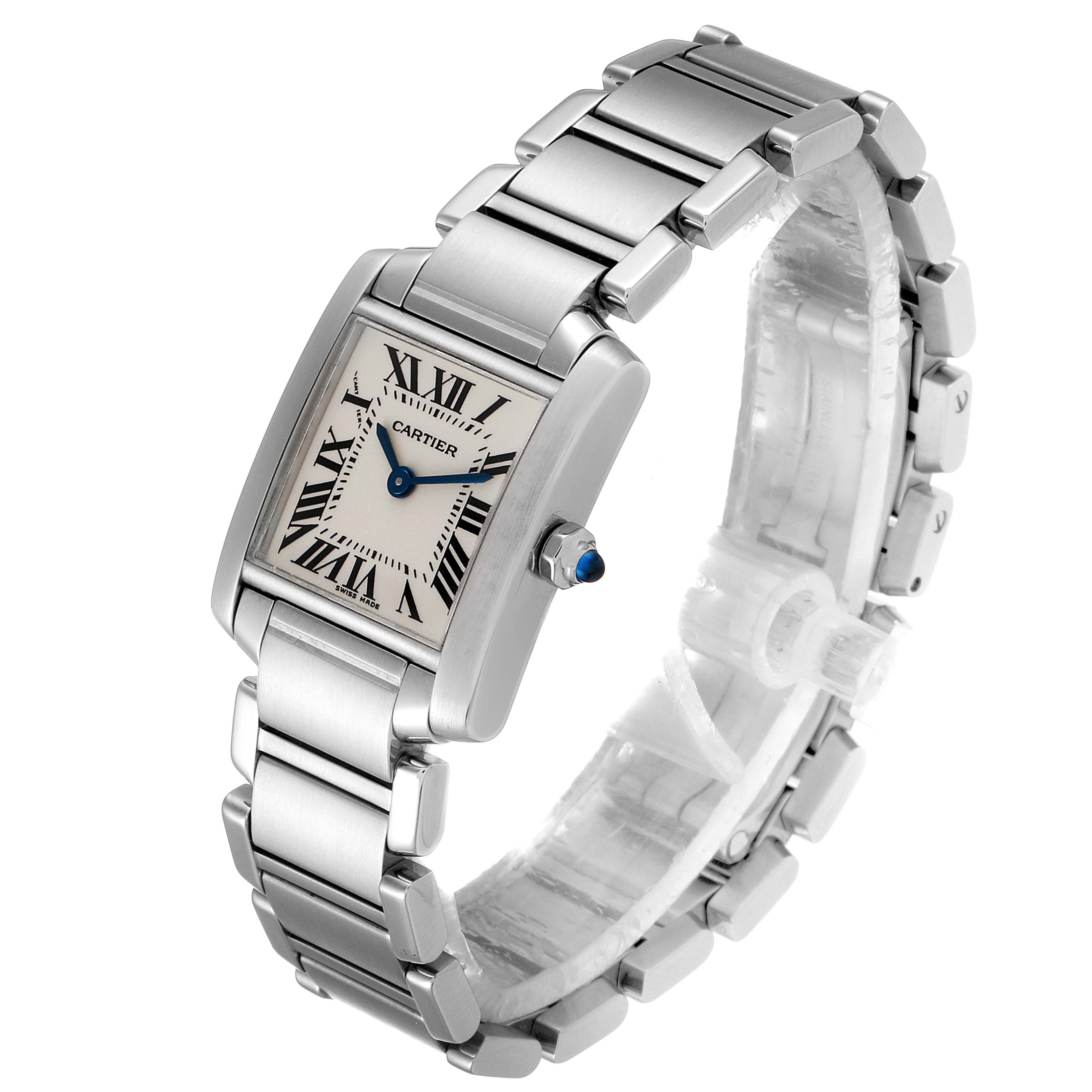 The image shows a Cartier Tank Francaise W51008Q3 Women's Stainless Steel Silver Dial W51008Q3 Women's Stainless Steel Silver Dial watch from an angled side view, highlighting its rectangular face and linked bracelet.