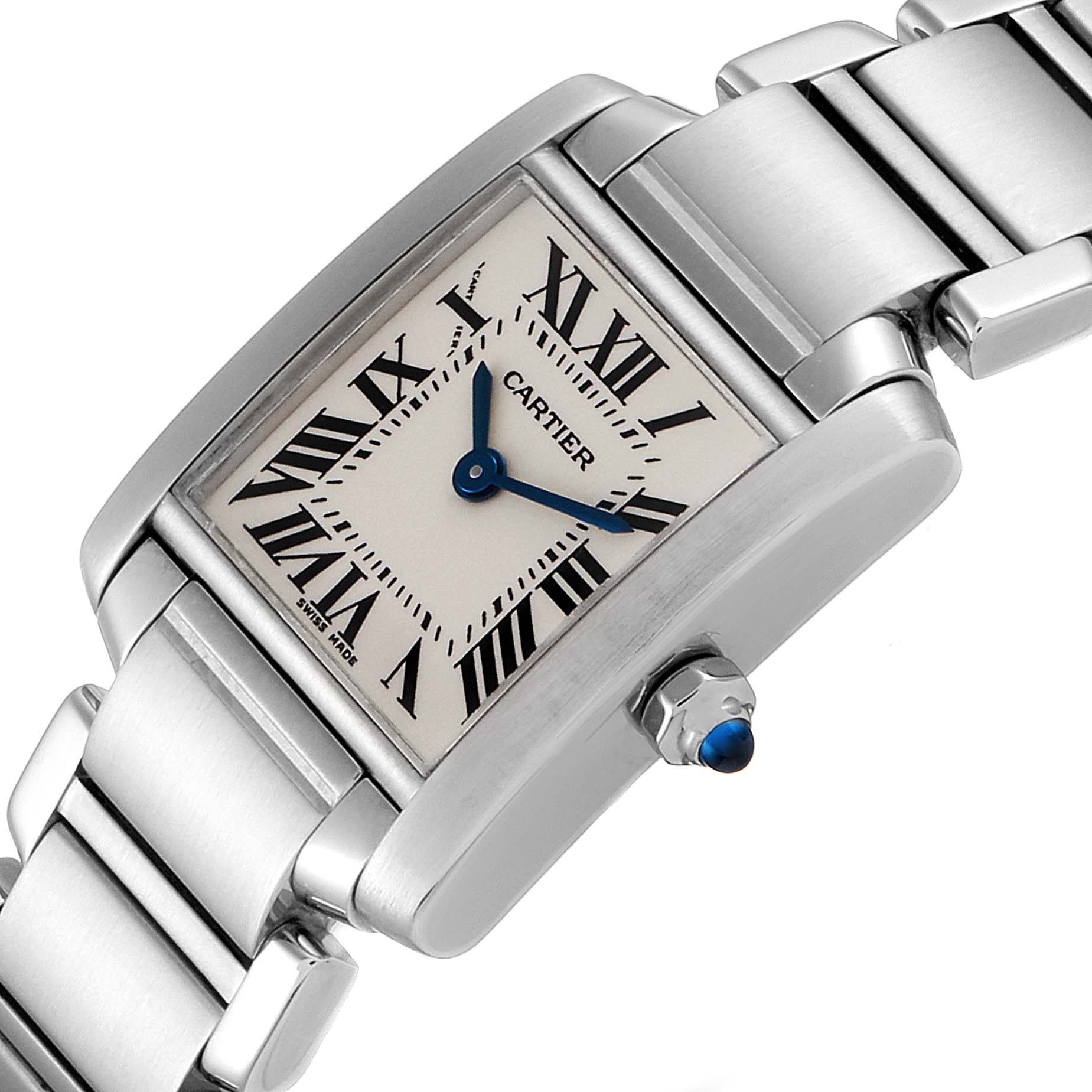 The image shows a close-up angle of a Cartier Tank Francaise W51008Q3 Women's Stainless Steel Silver Dial W51008Q3 Women's Stainless Steel Silver Dial watch, highlighting its face, crown, and bracelet.